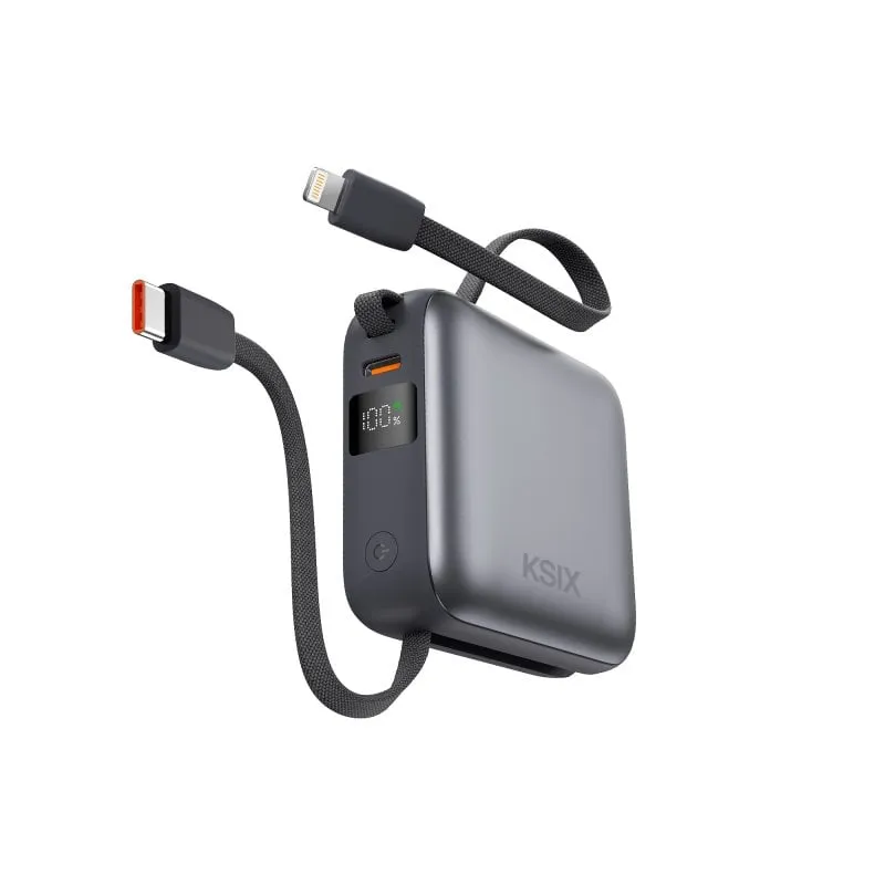 Power Bank Ksix da 10.000 mAh, ricarica rapida Power Delivery da 22,5 W, cavi USB-C e Lightning integrati, display LED, nero - immagine 1