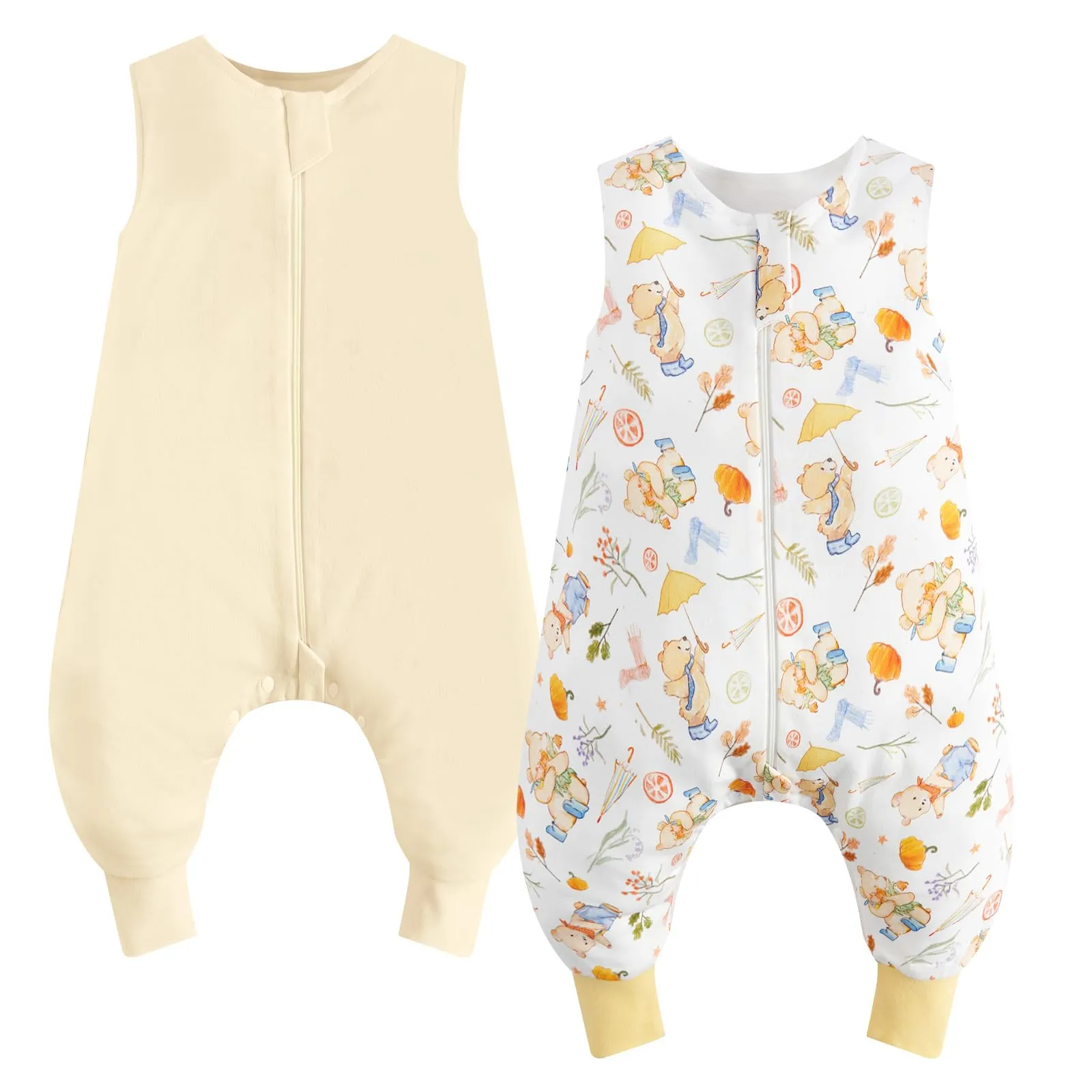 WYTbaby Sacco nanna con piedi 1,0 Tog 2 pezzi 100% cotone senza maniche per tutto l'anno colore giallo + orso 80 cm - immagine 1