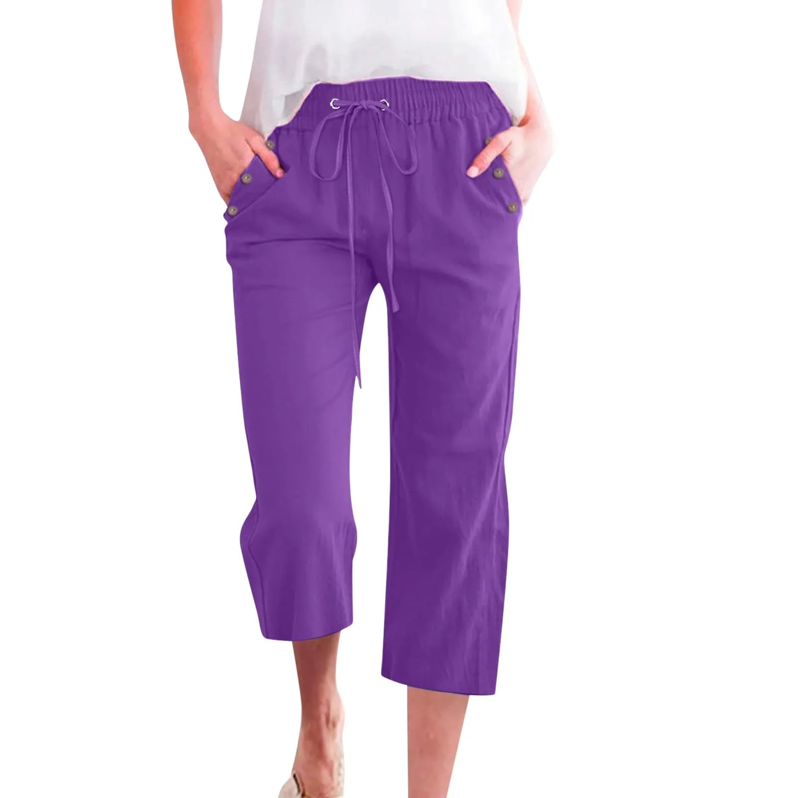 Pantaloncini Pinocchietto Donna Estivi Pantaloni Casual Estivi Sportivi Pantalone Capri Eleganti Leggeri Bermuda 7/8 Di Lino Traspiranti Pinocchietti Palazzo a Vita Alta Coulisse Regolabile Curvy - immagine 1