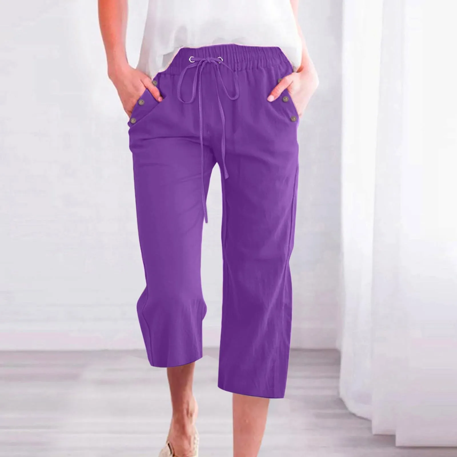 Pantaloncini Pinocchietto Donna Estivi Pantaloni Casual Estivi Sportivi Pantalone Capri Eleganti Leggeri Bermuda 7/8 Di Lino Traspiranti Pinocchietti Palazzo a Vita Alta Coulisse Regolabile Curvy - immagine 2