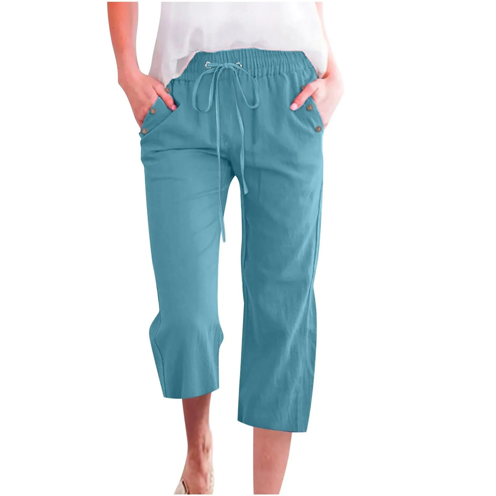 Pantaloncini Pinocchietto Donna Estivi Pantaloni Casual Estivi Sportivi Pantalone Capri Eleganti Leggeri Bermuda 7/8 Di Lino Traspiranti Pinocchietti Palazzo a Vita Alta Coulisse Regolabile Curvy - immagine 3