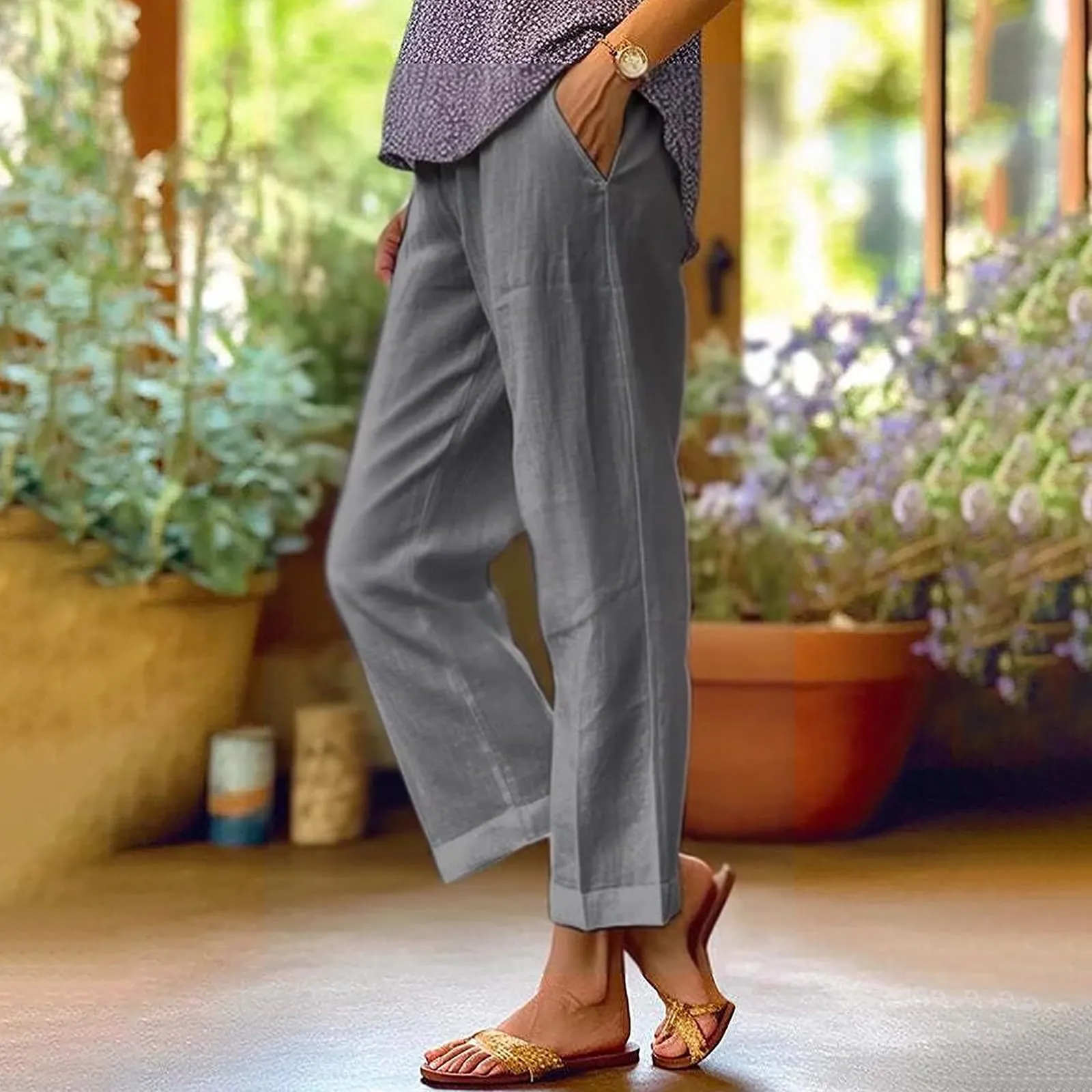 Surttan Pantaloni di Lino Donna Curvy Pantaloni da Spiaggia Elastico Pantalone Jogging Loose Comodi Pantaloni Morbidi Estivi Donna Pantaloni Estivi Casual Leggeri Pants Eleganti Pantalone a Vita Alta - immagine 2