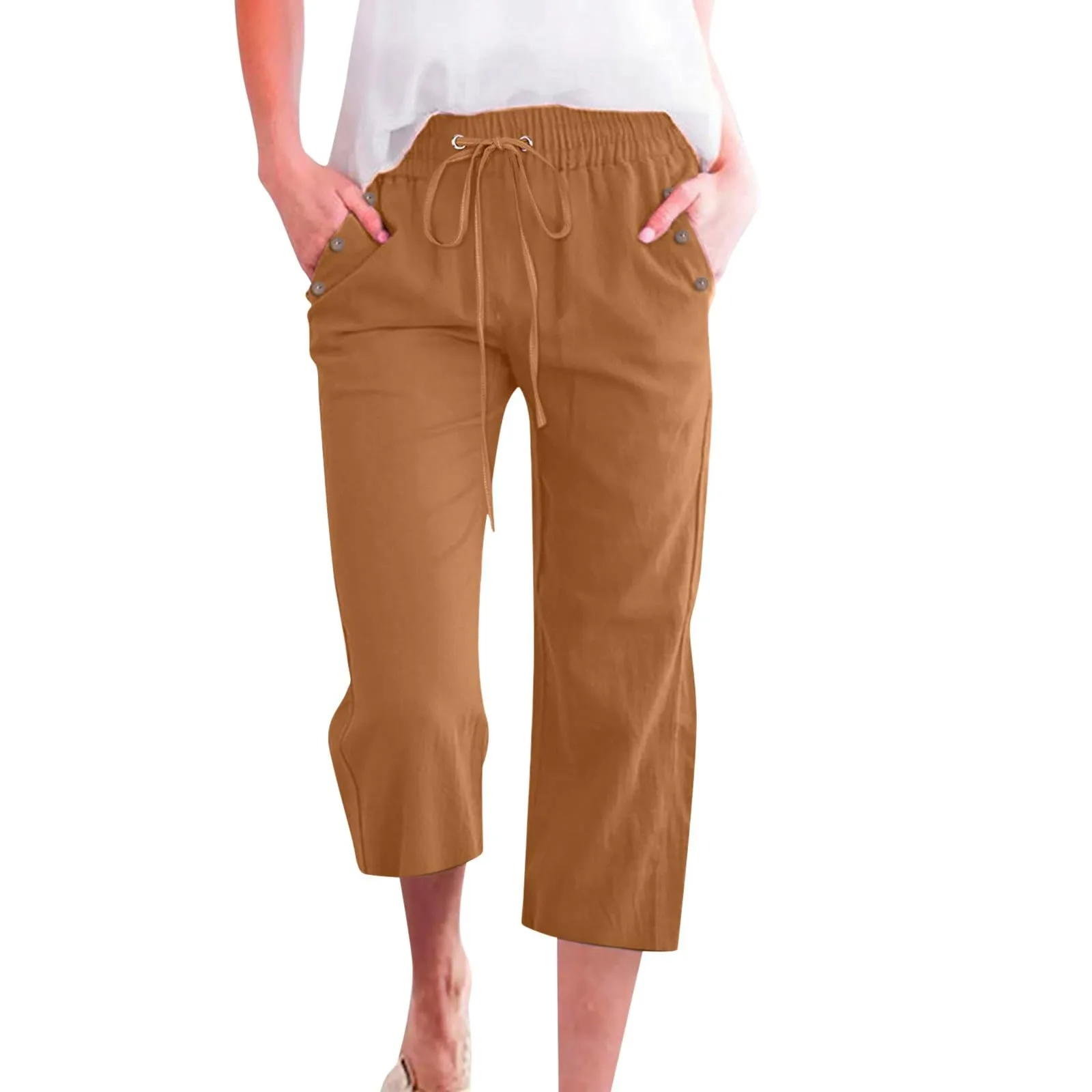 Pantaloncini Pinocchietto Donna Estivi Pantaloni Casual Estivi Sportivi Pantalone Capri Eleganti Leggeri Bermuda 7/8 Di Lino Traspiranti Pinocchietti Palazzo a Vita Alta Coulisse Regolabile Curvy - immagine 2