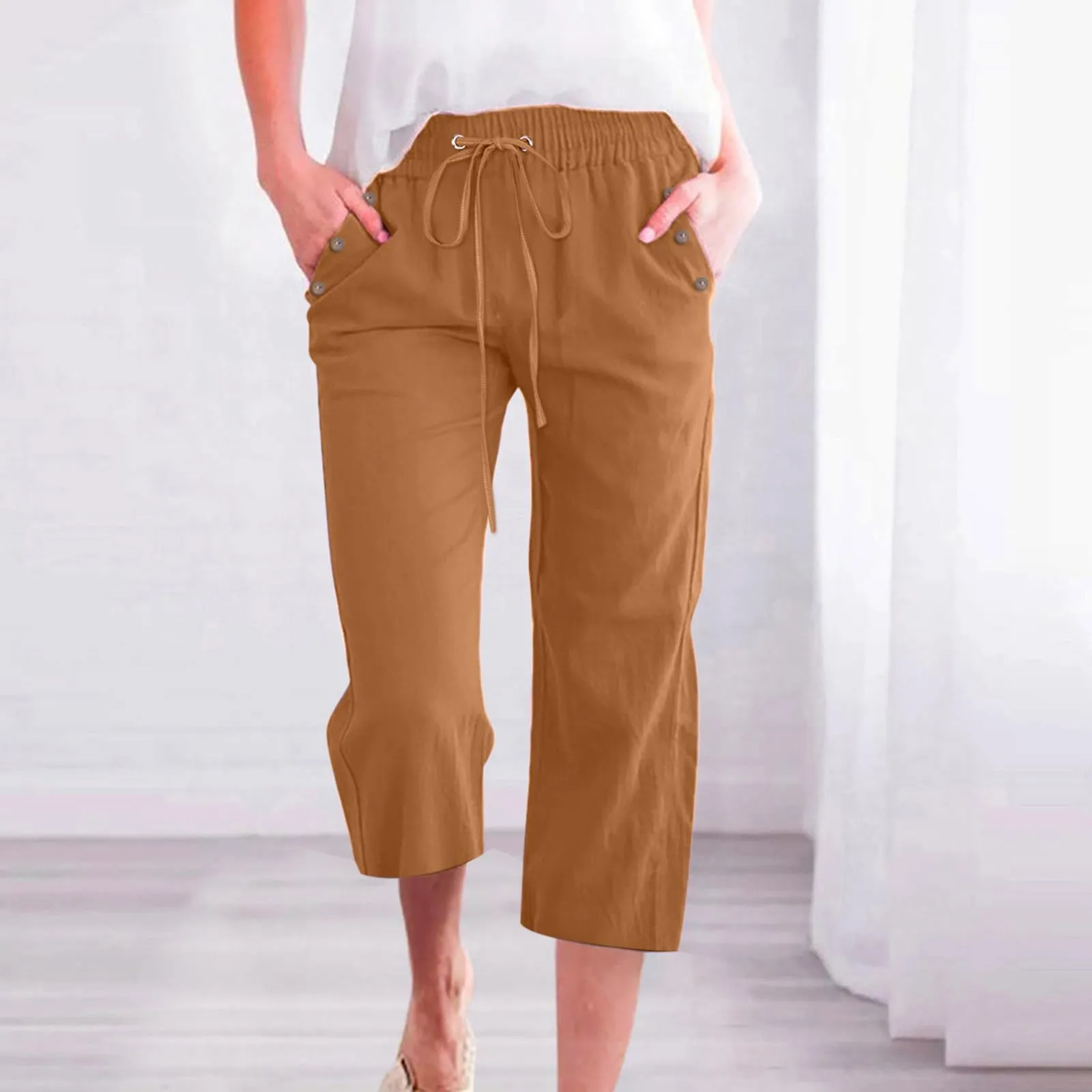 Pantaloncini Pinocchietto Donna Estivi Pantaloni Casual Estivi Sportivi Pantalone Capri Eleganti Leggeri Bermuda 7/8 Di Lino Traspiranti Pinocchietti Palazzo a Vita Alta Coulisse Regolabile Curvy - immagine 3