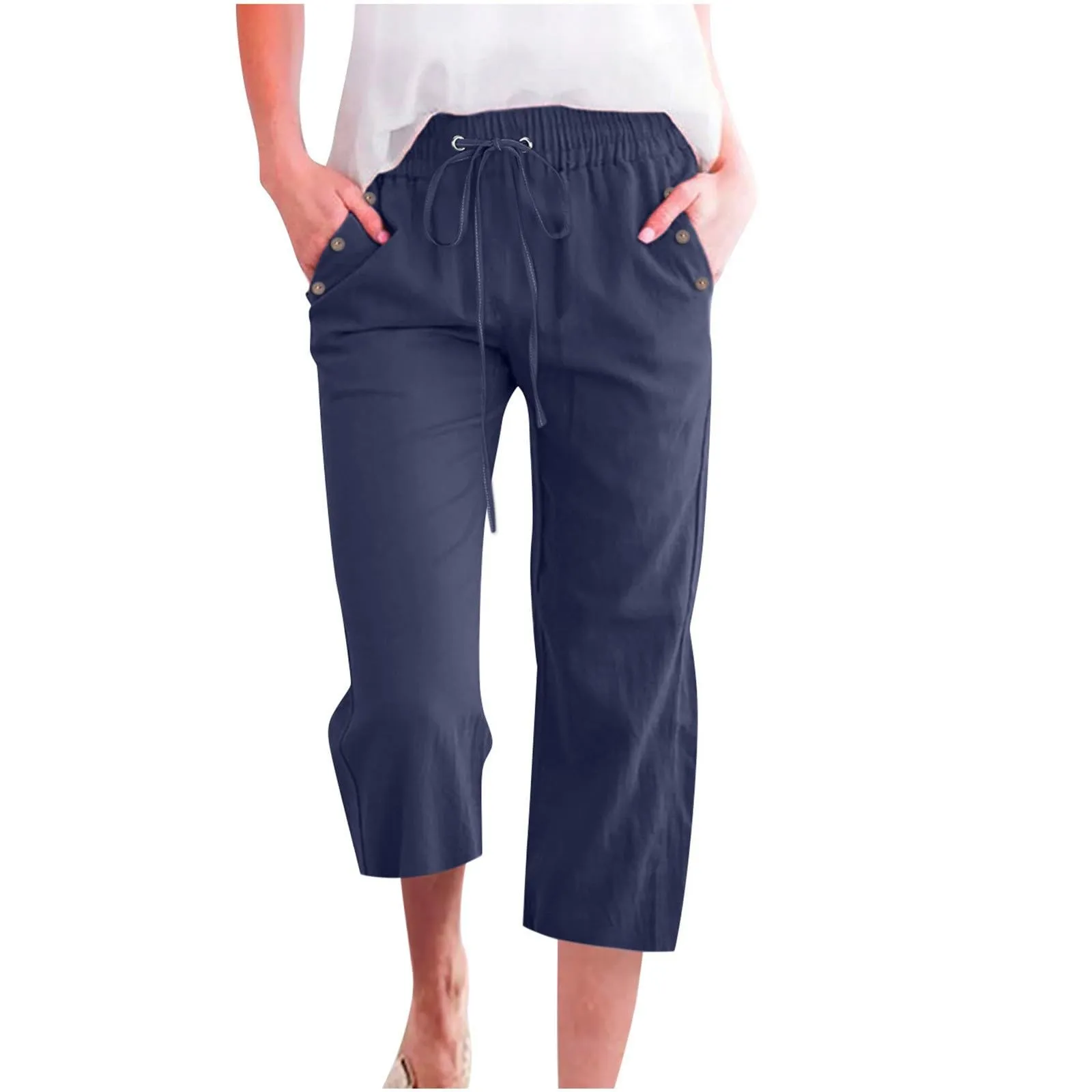 Pantaloncini Pinocchietto Donna Estivi Pantaloni Casual Estivi Sportivi Pantalone Capri Eleganti Leggeri Bermuda 7/8 Di Lino Traspiranti Pinocchietti Palazzo a Vita Alta Coulisse Regolabile Curvy - immagine 3