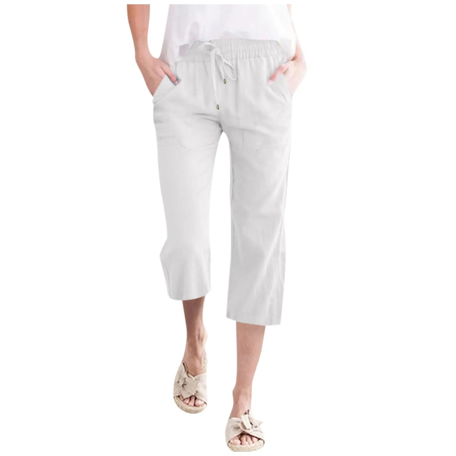 Pantaloncini Pinocchietto Donna Estivi Pantaloni Casual Estivi Sportivi Pantalone Capri Eleganti Leggeri Bermuda 7/8 Di Lino Traspiranti Pinocchietti Palazzo a Vita Alta Coulisse Regolabile Curvy - immagine 1