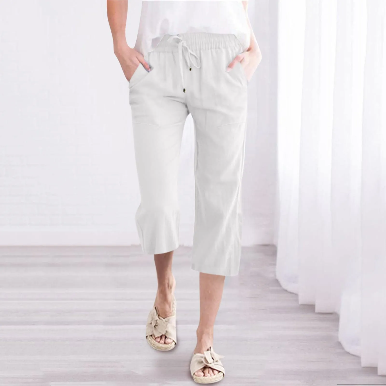 Pantaloncini Pinocchietto Donna Estivi Pantaloni Casual Estivi Sportivi Pantalone Capri Eleganti Leggeri Bermuda 7/8 Di Lino Traspiranti Pinocchietti Palazzo a Vita Alta Coulisse Regolabile Curvy - immagine 2
