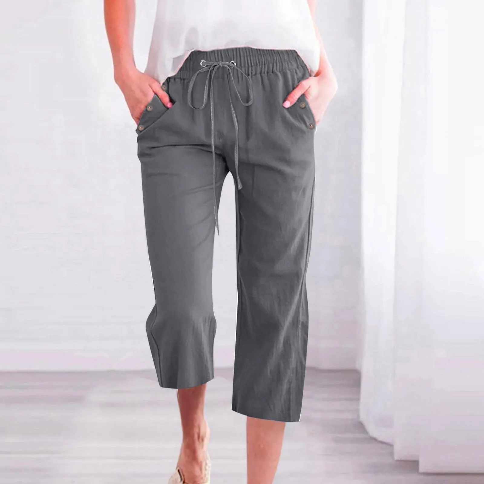 Pantaloncini Pinocchietto Donna Estivi Pantaloni Casual Estivi Sportivi Pantalone Capri Eleganti Leggeri Bermuda 7/8 Di Lino Traspiranti Pinocchietti Palazzo a Vita Alta Coulisse Regolabile Curvy - immagine 2