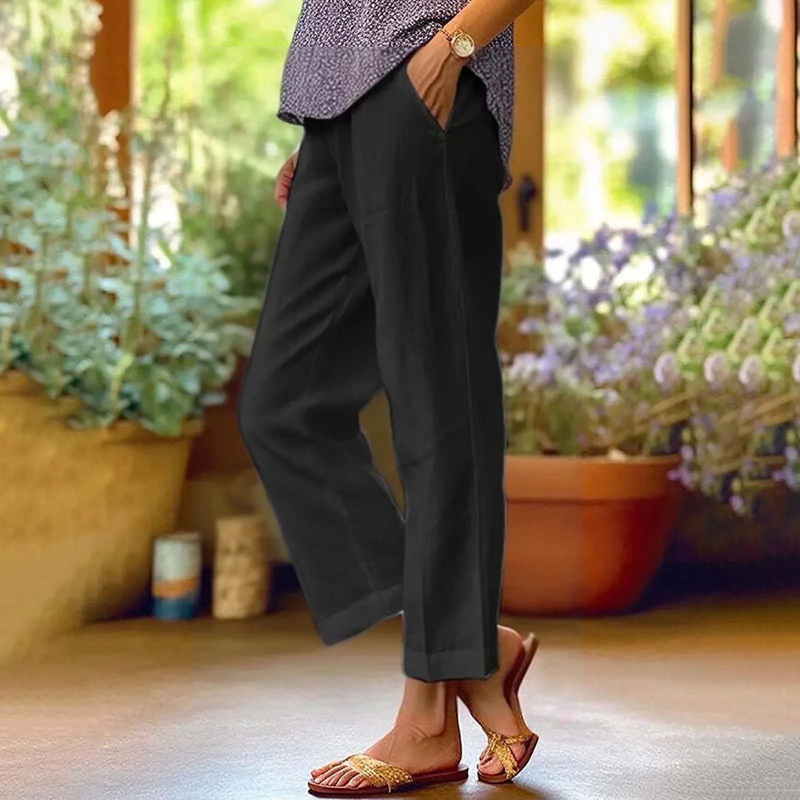 Surttan Pantaloni di Lino Donna Curvy Pantaloni da Spiaggia Elastico Pantalone Jogging Loose Comodi Pantaloni Morbidi Estivi Donna Pantaloni Estivi Casual Leggeri Pants Eleganti Pantalone a Vita Alta - immagine 2