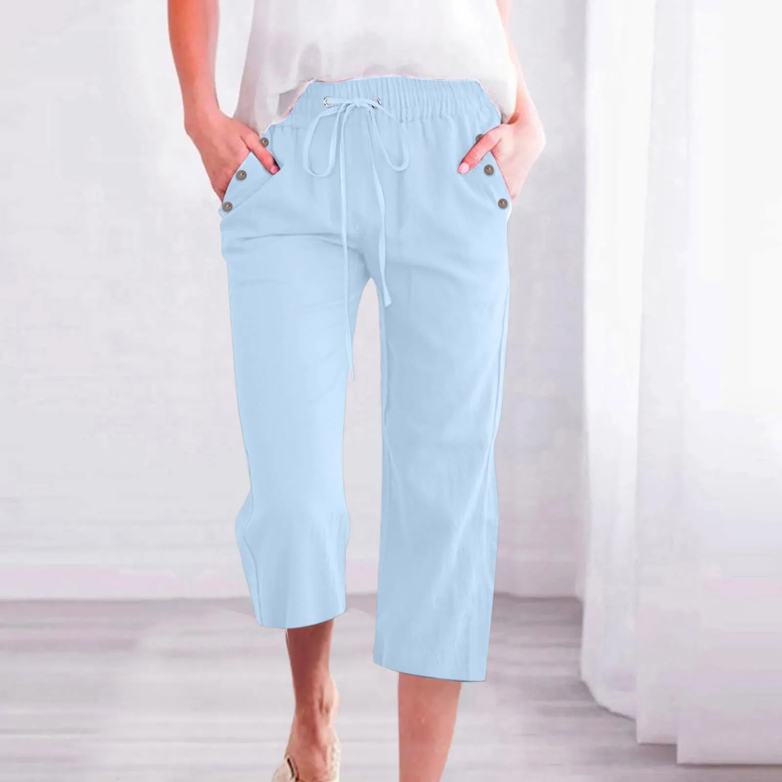 Pantaloncini Pinocchietto Donna Estivi Pantaloni Casual Estivi Sportivi Pantalone Capri Eleganti Leggeri Bermuda 7/8 Di Lino Traspiranti Pinocchietti Palazzo a Vita Alta Coulisse Regolabile Curvy - immagine 2