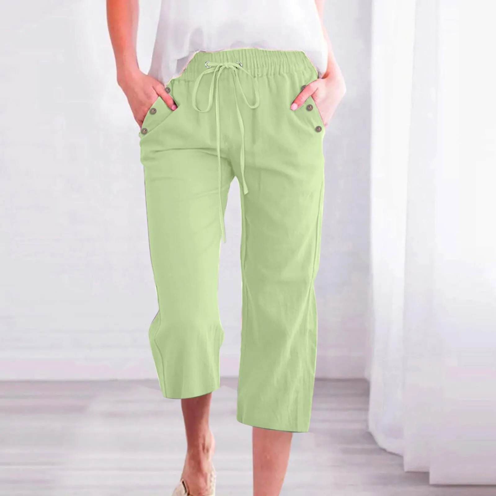 Pantaloncini Pinocchietto Donna Estivi Pantaloni Casual Estivi Sportivi Pantalone Capri Eleganti Leggeri Bermuda 7/8 Di Lino Traspiranti Pinocchietti Palazzo a Vita Alta Coulisse Regolabile Curvy - immagine 3