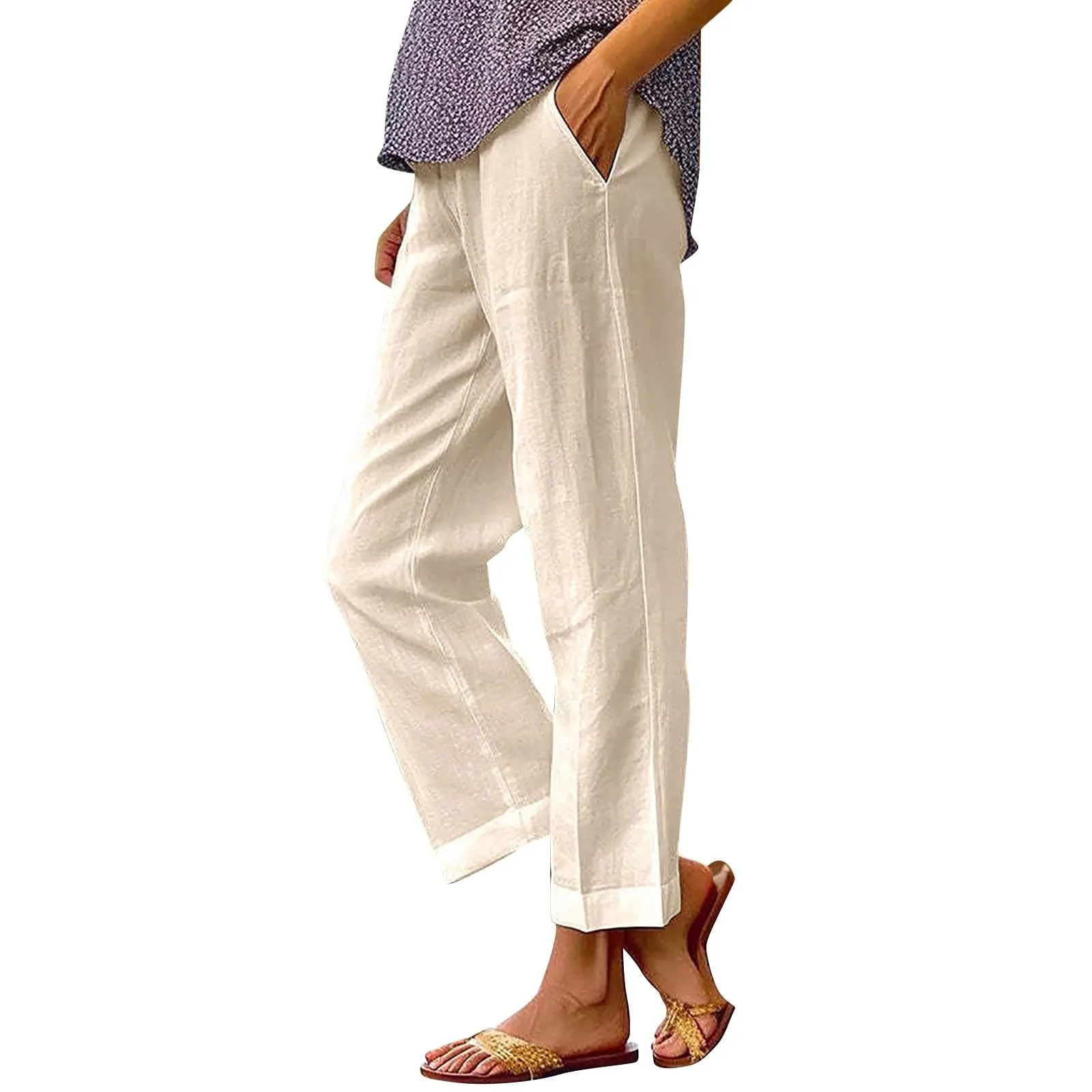 Surttan Pantaloni di Lino Donna Curvy Pantaloni da Spiaggia Elastico Pantalone Jogging Loose Comodi Pantaloni Morbidi Estivi Donna Pantaloni Estivi Casual Leggeri Pants Eleganti Pantalone a Vita Alta - immagine 1