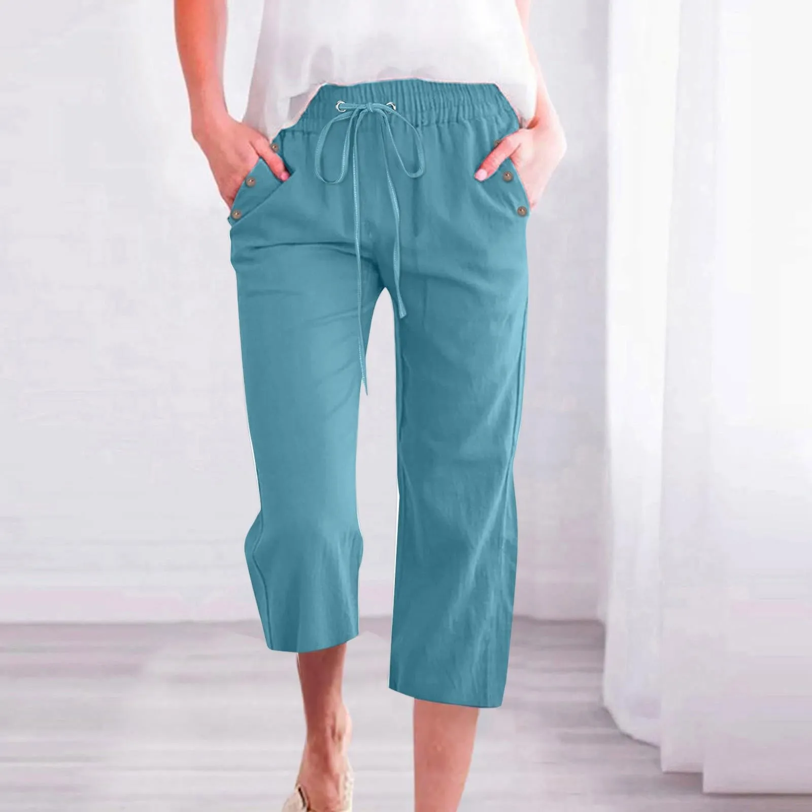 Pantaloncini Pinocchietto Donna Estivi Pantaloni Casual Estivi Sportivi Pantalone Capri Eleganti Leggeri Bermuda 7/8 Di Lino Traspiranti Pinocchietti Palazzo a Vita Alta Coulisse Regolabile Curvy - immagine 2