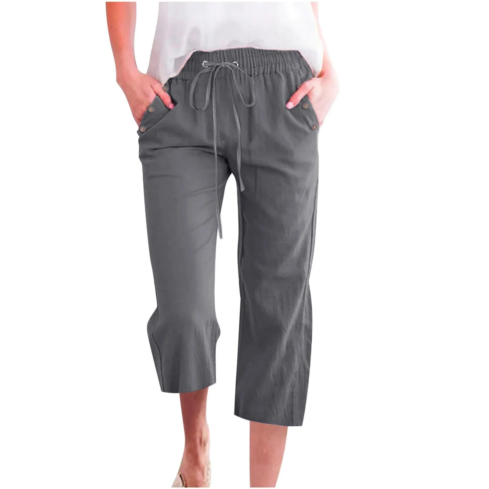 Pantaloncini Pinocchietto Donna Estivi Pantaloni Casual Estivi Sportivi Pantalone Capri Eleganti Leggeri Bermuda 7/8 Di Lino Traspiranti Pinocchietti Palazzo a Vita Alta Coulisse Regolabile Curvy - immagine 3