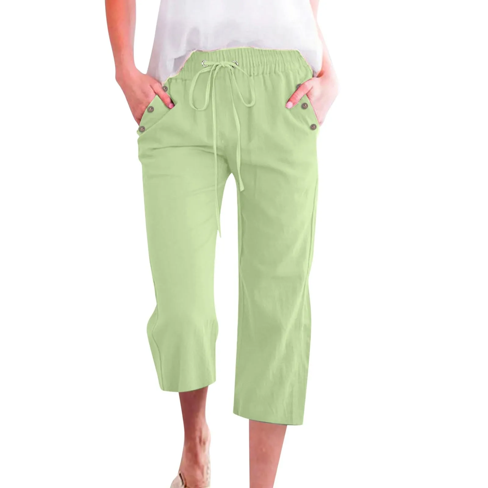 Pantaloncini Pinocchietto Donna Estivi Pantaloni Casual Estivi Sportivi Pantalone Capri Eleganti Leggeri Bermuda 7/8 Di Lino Traspiranti Pinocchietti Palazzo a Vita Alta Coulisse Regolabile Curvy - immagine 1