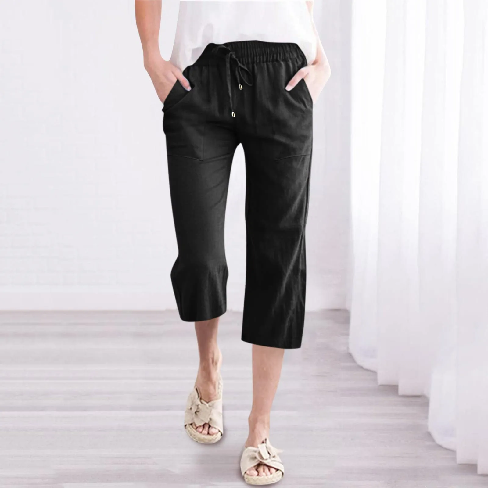 Pantaloncini Pinocchietto Donna Estivi Pantaloni Casual Estivi Sportivi Pantalone Capri Eleganti Leggeri Bermuda 7/8 Di Lino Traspiranti Pinocchietti Palazzo a Vita Alta Coulisse Regolabile Curvy - immagine 2