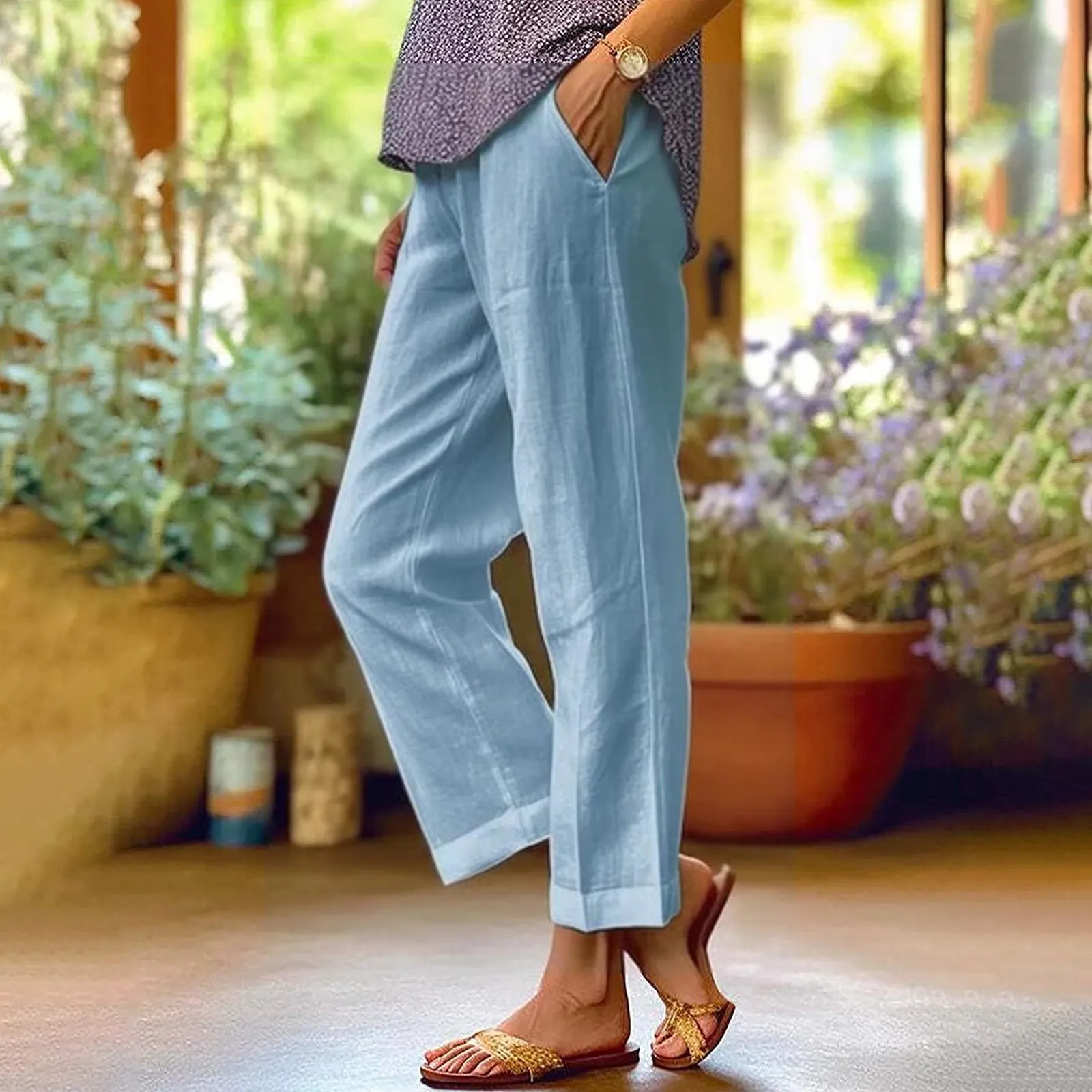Surttan Pantaloni di Lino Donna Curvy Pantaloni da Spiaggia Elastico Pantalone Jogging Loose Comodi Pantaloni Morbidi Estivi Donna Pantaloni Estivi Casual Leggeri Pants Eleganti Pantalone a Vita Alta - immagine 2