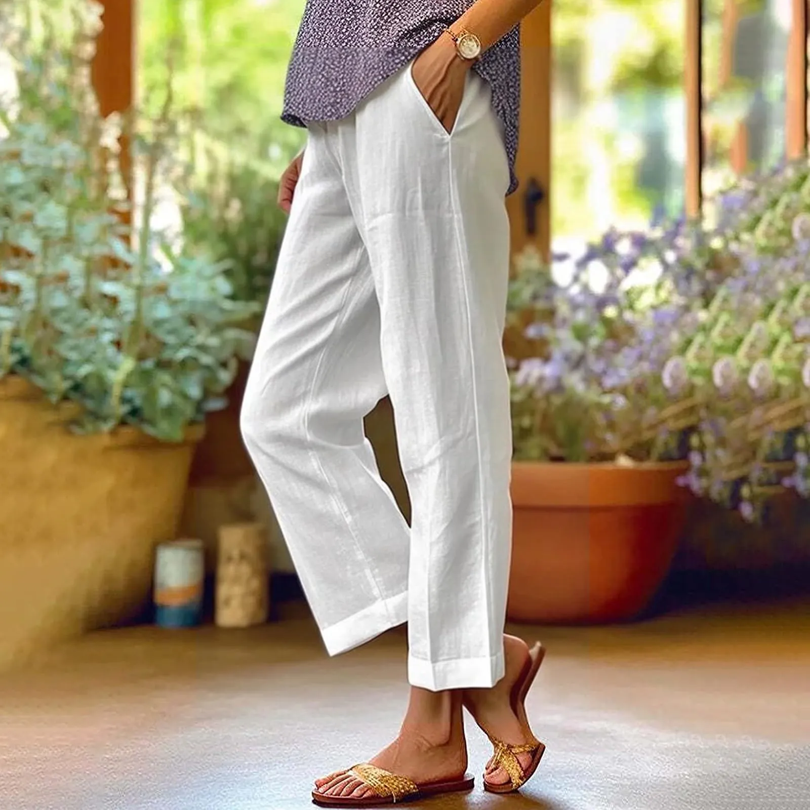 Surttan Pantaloni di Lino Donna Curvy Pantaloni da Spiaggia Elastico Pantalone Jogging Loose Comodi Pantaloni Morbidi Estivi Donna Pantaloni Estivi Casual Leggeri Pants Eleganti Pantalone a Vita Alta - immagine 2