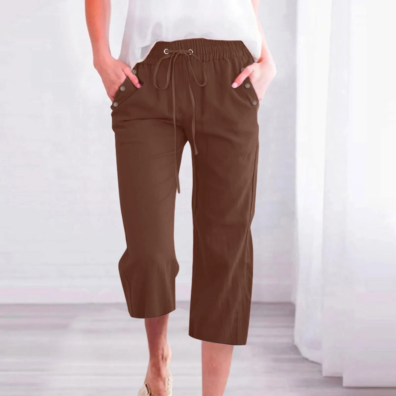 Pantaloncini Pinocchietto Donna Estivi Pantaloni Casual Estivi Sportivi Pantalone Capri Eleganti Leggeri Bermuda 7/8 Di Lino Traspiranti Pinocchietti Palazzo a Vita Alta Coulisse Regolabile Curvy - immagine 2
