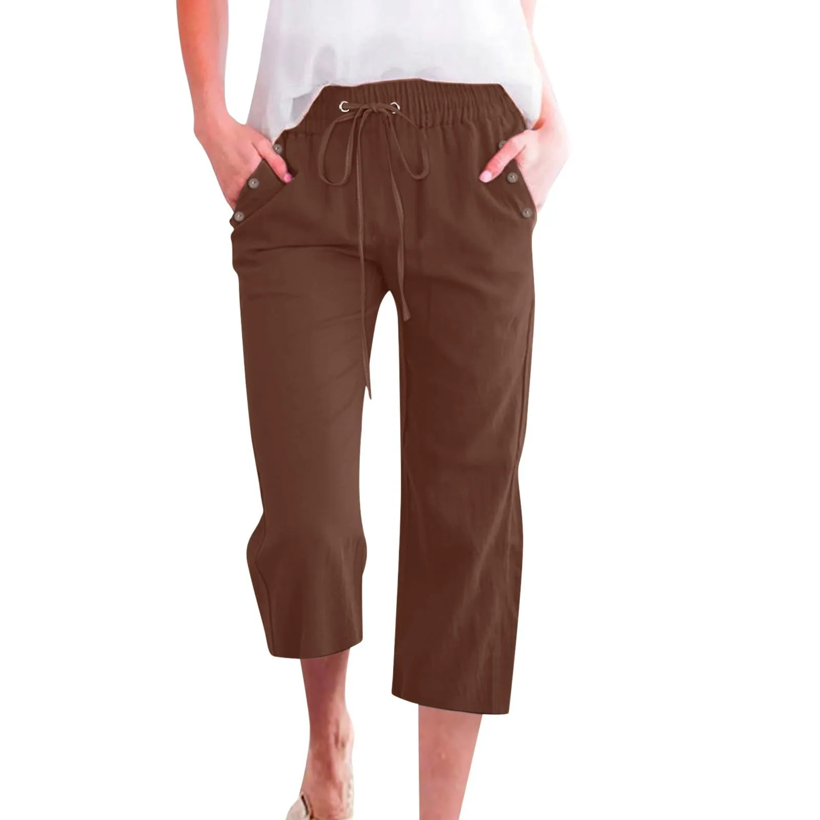 Pantaloncini Pinocchietto Donna Estivi Pantaloni Casual Estivi Sportivi Pantalone Capri Eleganti Leggeri Bermuda 7/8 Di Lino Traspiranti Pinocchietti Palazzo a Vita Alta Coulisse Regolabile Curvy - immagine 3