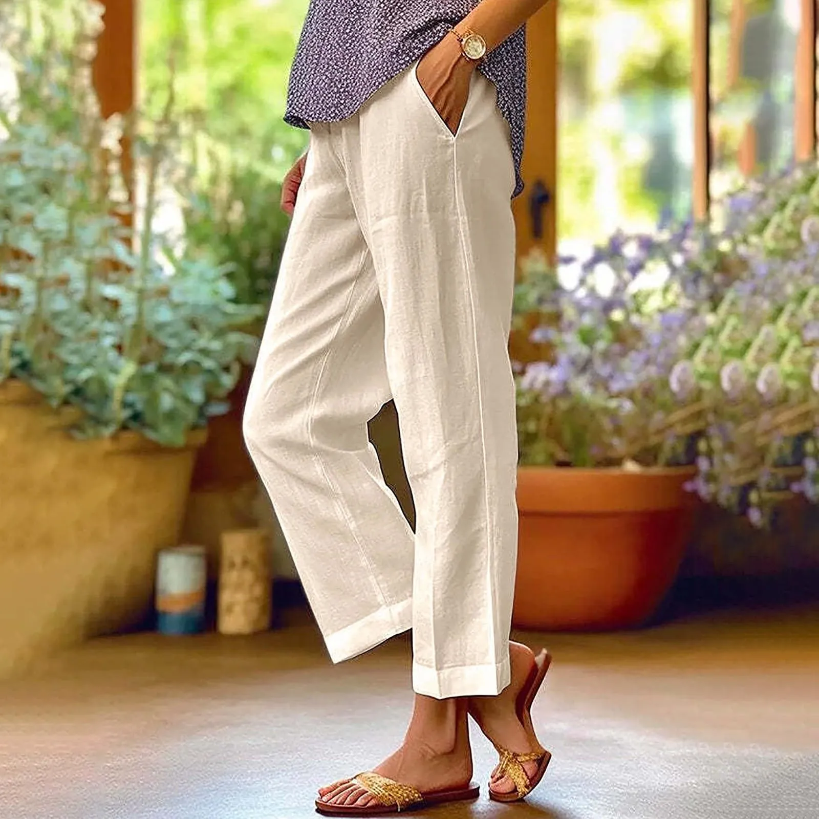 Surttan Pantaloni di Lino Donna Curvy Pantaloni da Spiaggia Elastico Pantalone Jogging Loose Comodi Pantaloni Morbidi Estivi Donna Pantaloni Estivi Casual Leggeri Pants Eleganti Pantalone a Vita Alta - immagine 2