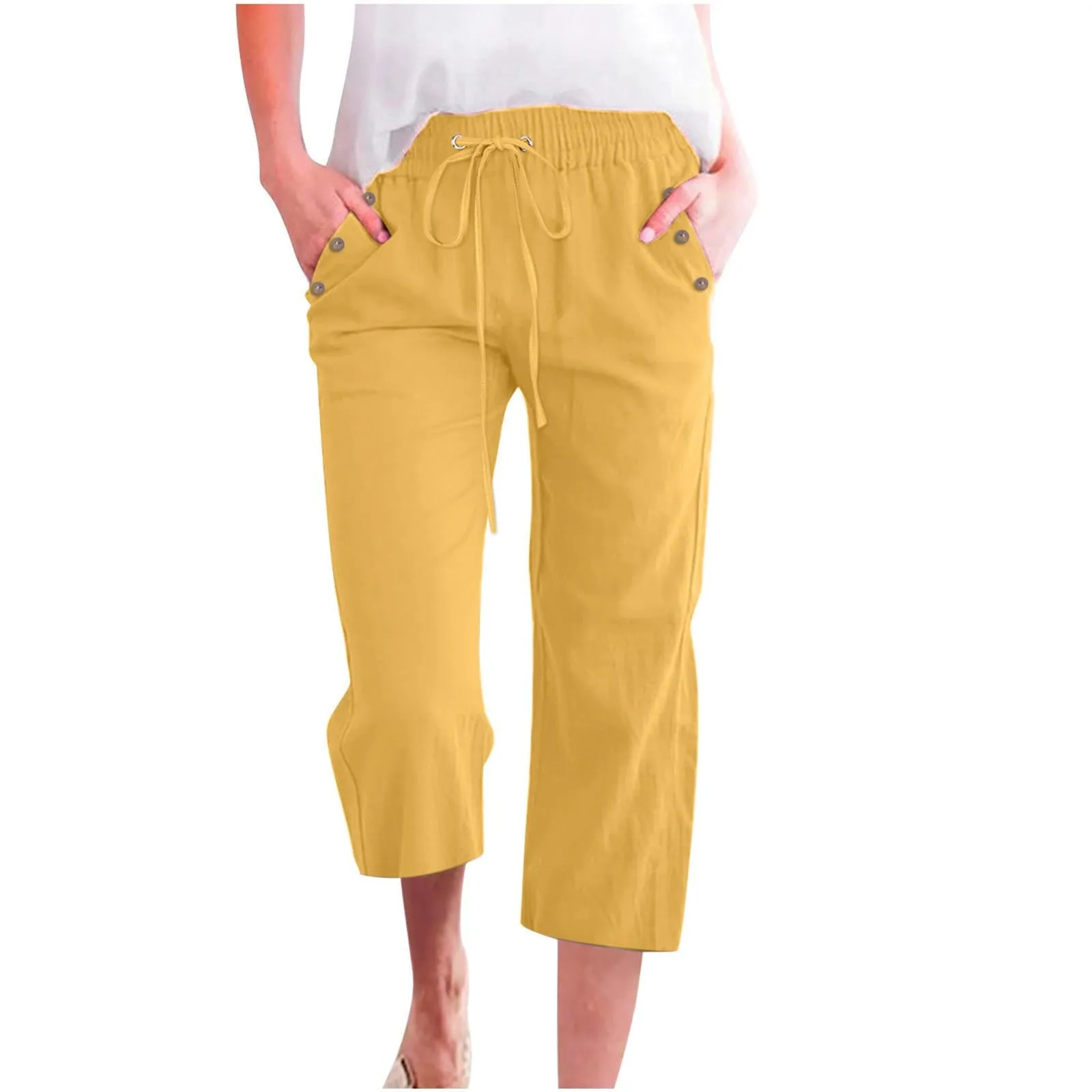 Pantaloncini Pinocchietto Donna Estivi Pantaloni Casual Estivi Sportivi Pantalone Capri Eleganti Leggeri Bermuda 7/8 Di Lino Traspiranti Pinocchietti Palazzo a Vita Alta Coulisse Regolabile Curvy - immagine 2
