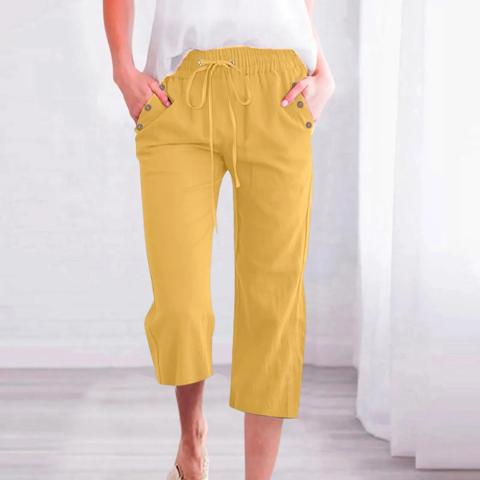 Pantaloncini Pinocchietto Donna Estivi Pantaloni Casual Estivi Sportivi Pantalone Capri Eleganti Leggeri Bermuda 7/8 Di Lino Traspiranti Pinocchietti Palazzo a Vita Alta Coulisse Regolabile Curvy - immagine 3
