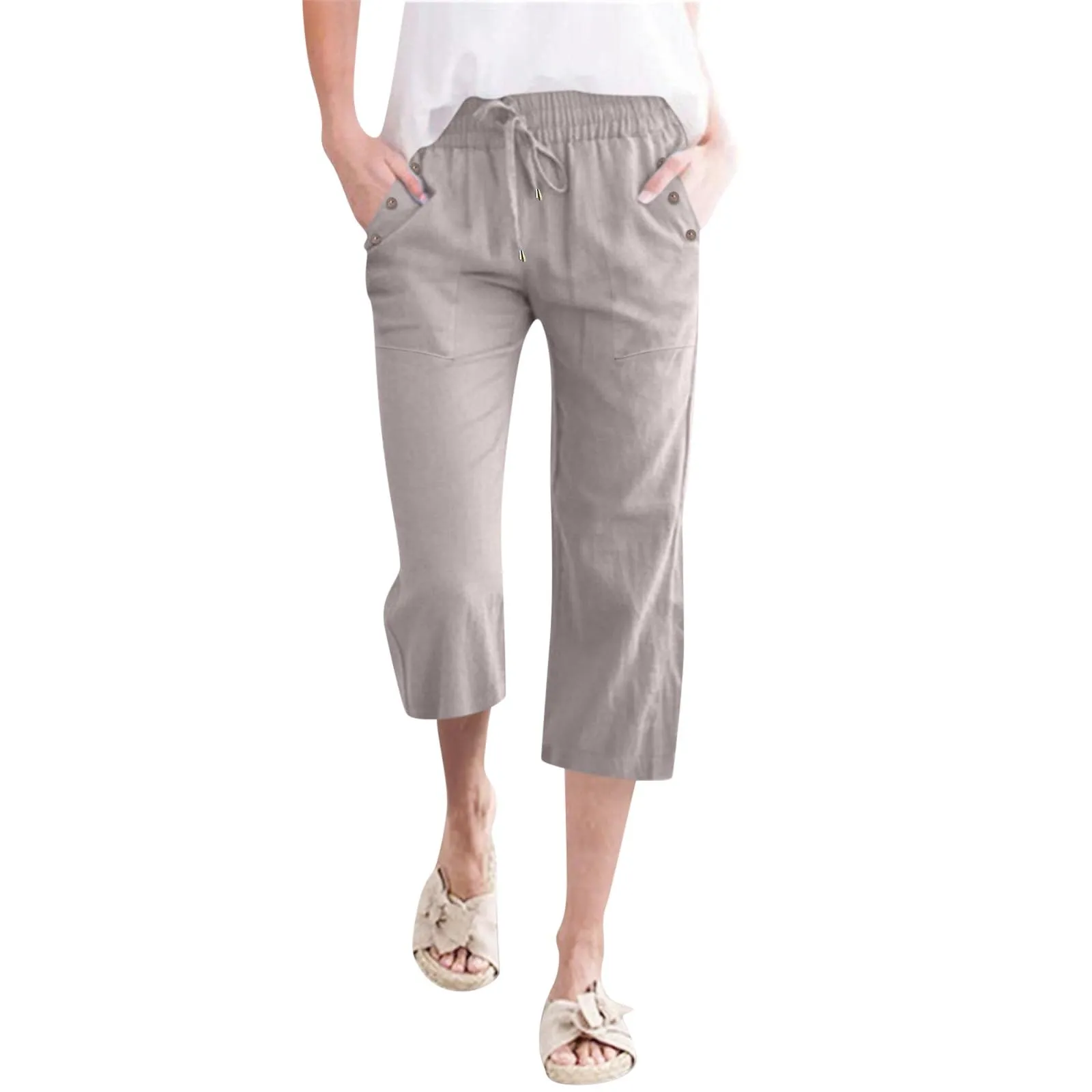 Pantaloncini Pinocchietto Donna Estivi Pantaloni Casual Estivi Sportivi Pantalone Capri Eleganti Leggeri Bermuda 7/8 Di Lino Traspiranti Pinocchietti Palazzo a Vita Alta Coulisse Regolabile Curvy - immagine 3
