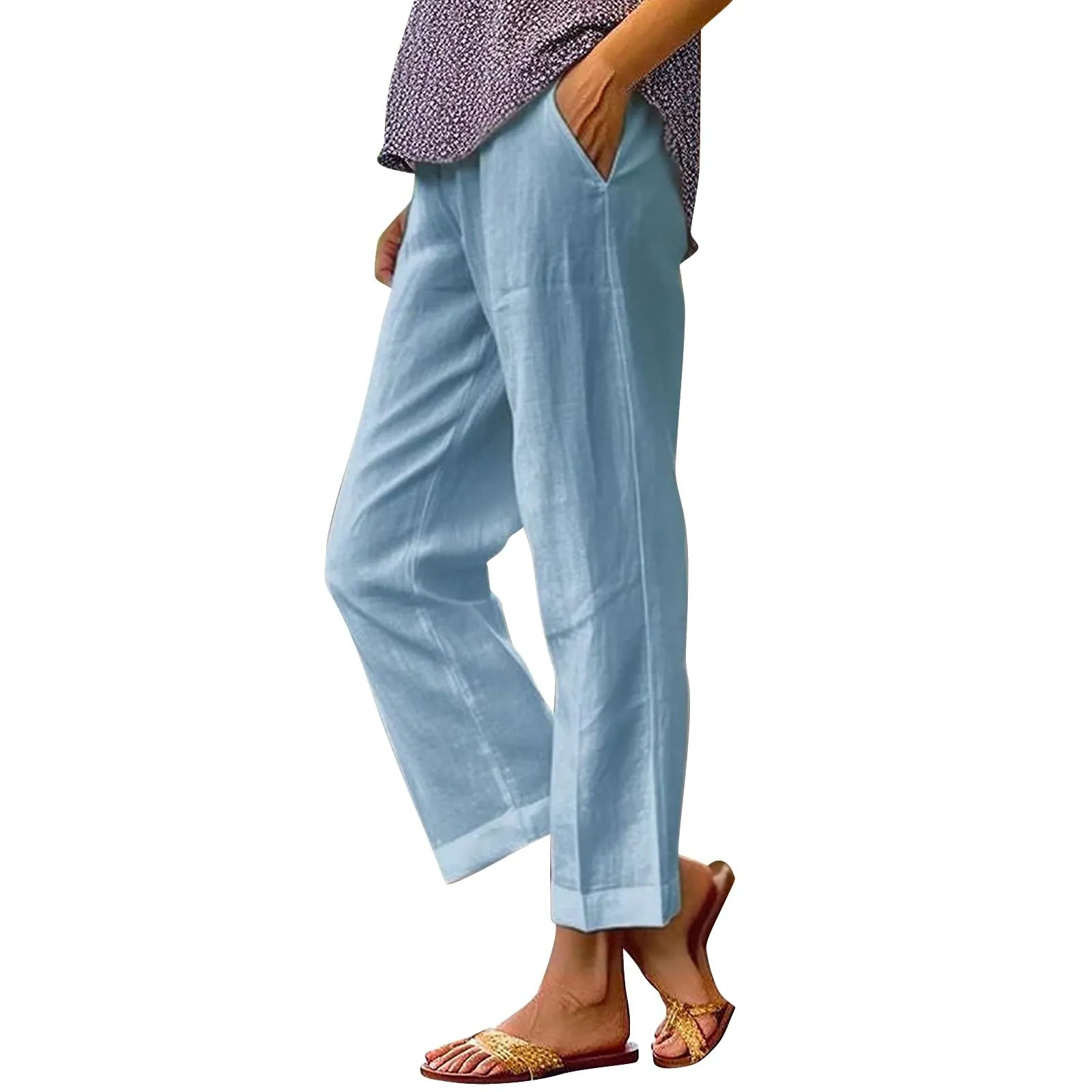 Surttan Pantaloni di Lino Donna Curvy Pantaloni da Spiaggia Elastico Pantalone Jogging Loose Comodi Pantaloni Morbidi Estivi Donna Pantaloni Estivi Casual Leggeri Pants Eleganti Pantalone a Vita Alta - immagine 3