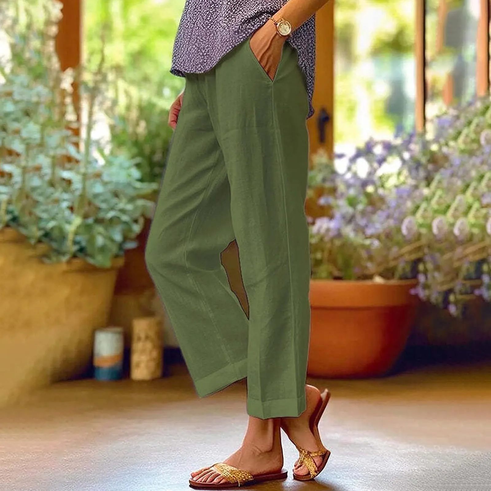 Surttan Pantaloni di Lino Donna Curvy Pantaloni da Spiaggia Elastico Pantalone Jogging Loose Comodi Pantaloni Morbidi Estivi Donna Pantaloni Estivi Casual Leggeri Pants Eleganti Pantalone a Vita Alta - immagine 2