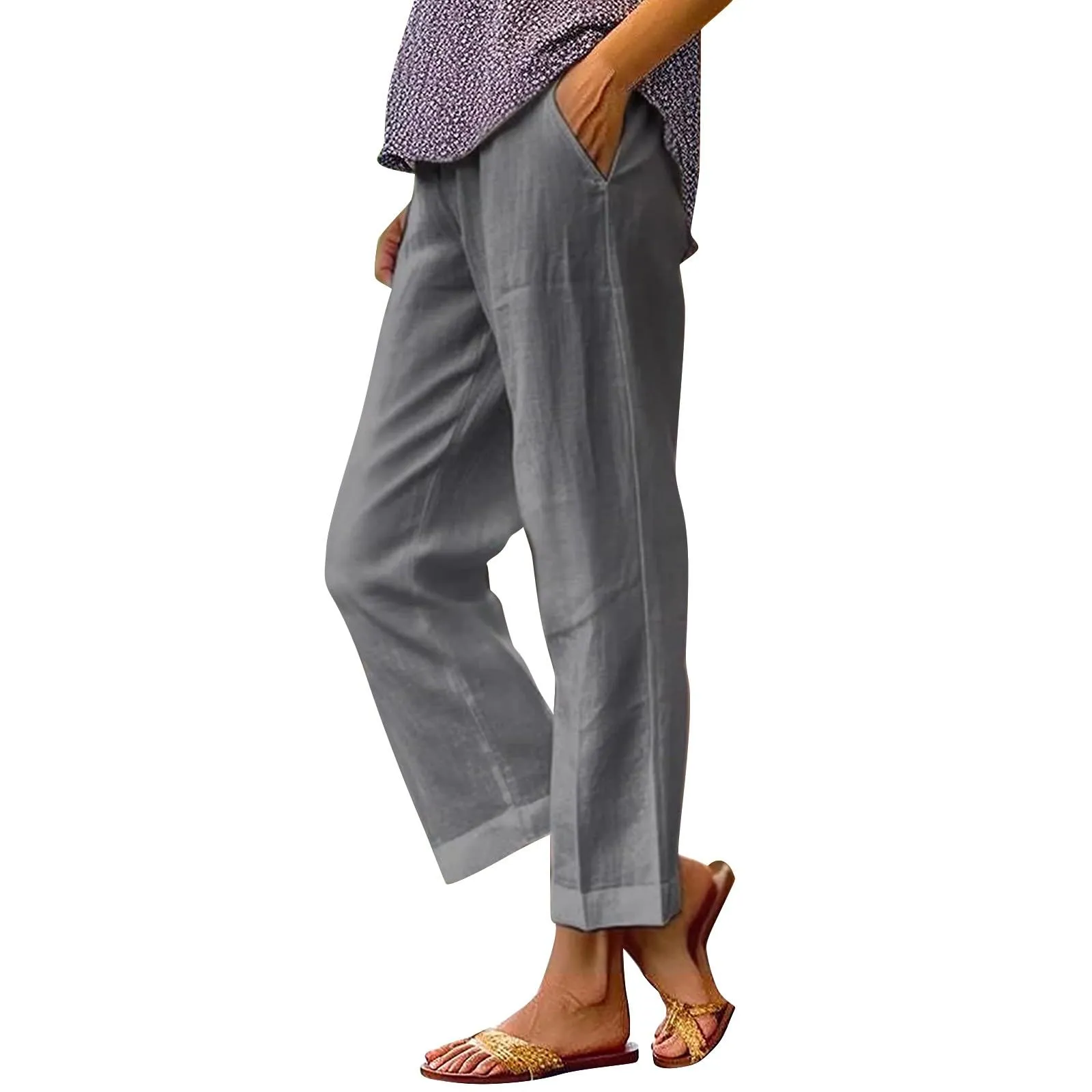 Surttan Pantaloni di Lino Donna Curvy Pantaloni da Spiaggia Elastico Pantalone Jogging Loose Comodi Pantaloni Morbidi Estivi Donna Pantaloni Estivi Casual Leggeri Pants Eleganti Pantalone a Vita Alta - immagine 3