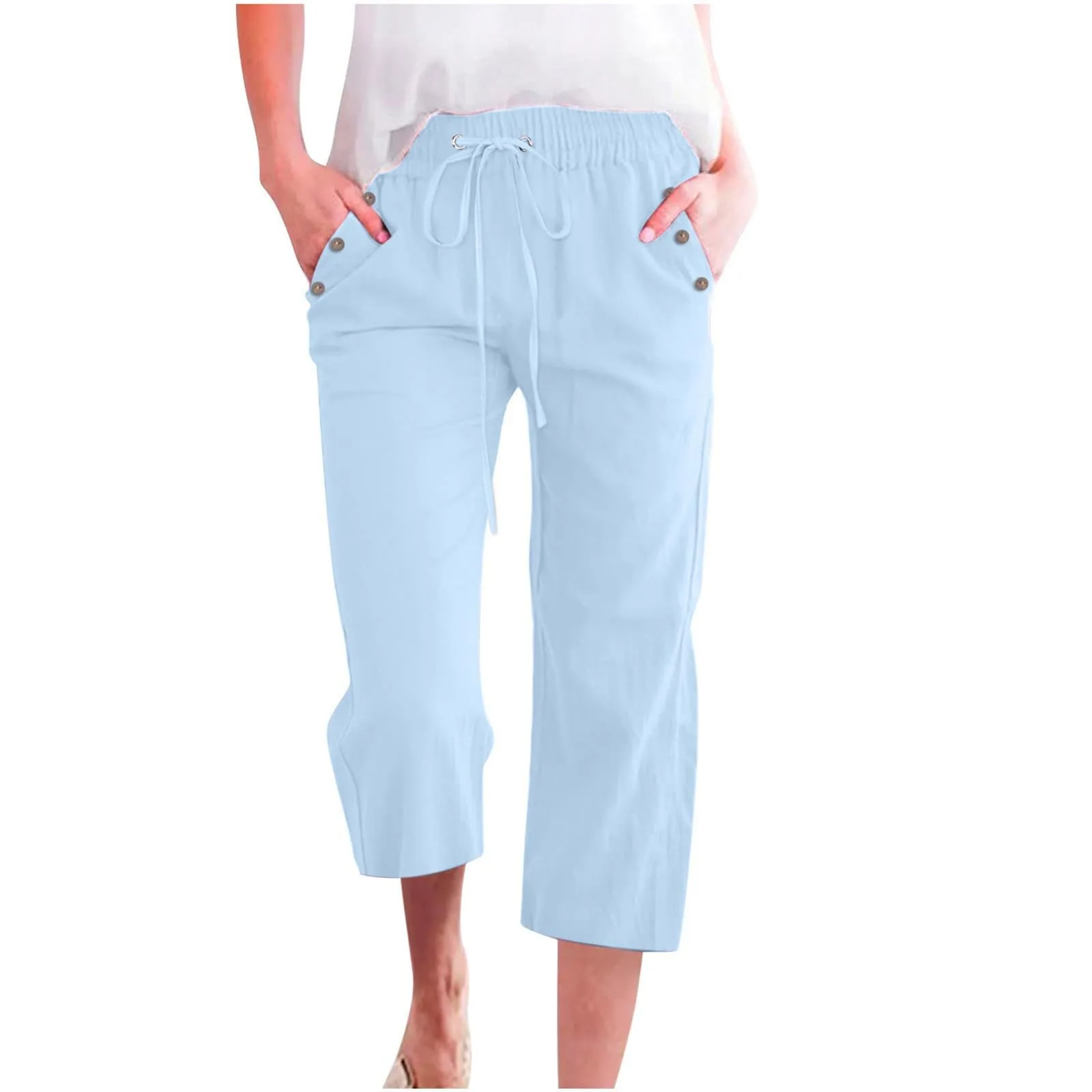 Pantaloncini Pinocchietto Donna Estivi Pantaloni Casual Estivi Sportivi Pantalone Capri Eleganti Leggeri Bermuda 7/8 Di Lino Traspiranti Pinocchietti Palazzo a Vita Alta Coulisse Regolabile Curvy - immagine 3