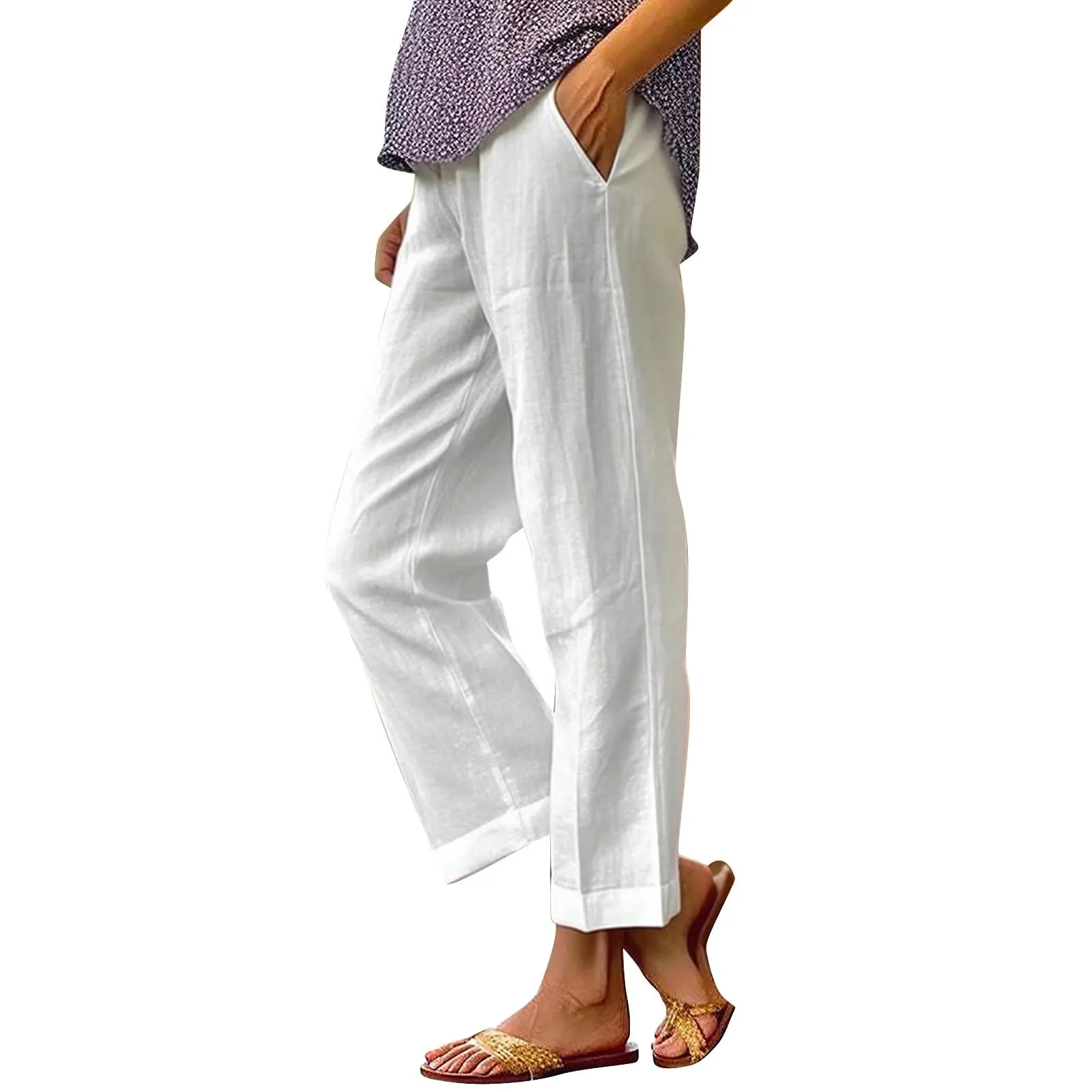 Surttan Pantaloni di Lino Donna Curvy Pantaloni da Spiaggia Elastico Pantalone Jogging Loose Comodi Pantaloni Morbidi Estivi Donna Pantaloni Estivi Casual Leggeri Pants Eleganti Pantalone a Vita Alta - immagine 3