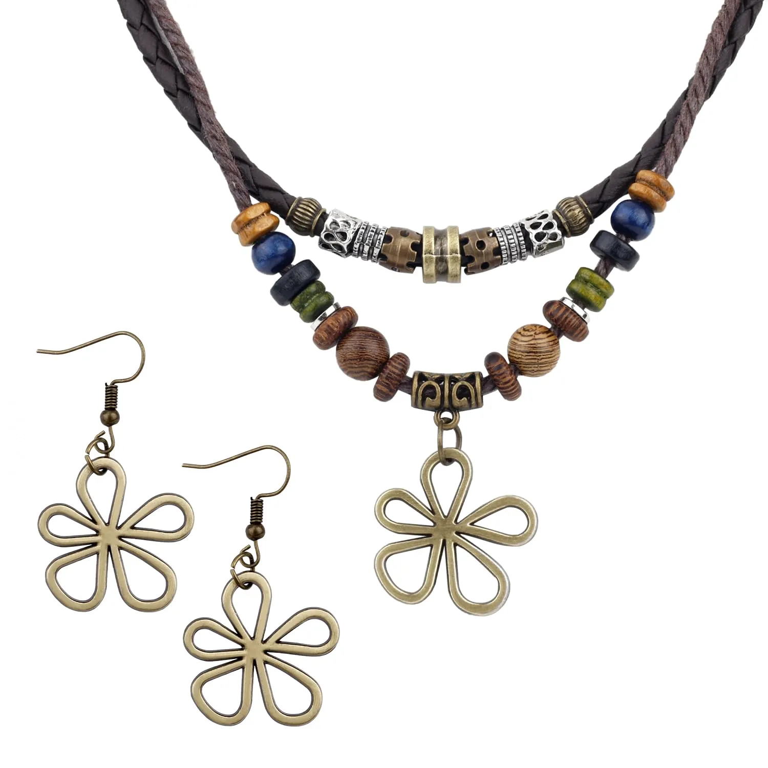 Mikovivi Collana Perline di Legno a Strati con Orecchini a Forma di Fiore Cavo, Collane Boho Hippie Gioielli Bohémien Unisex per Uomo e Donna - immagine 1