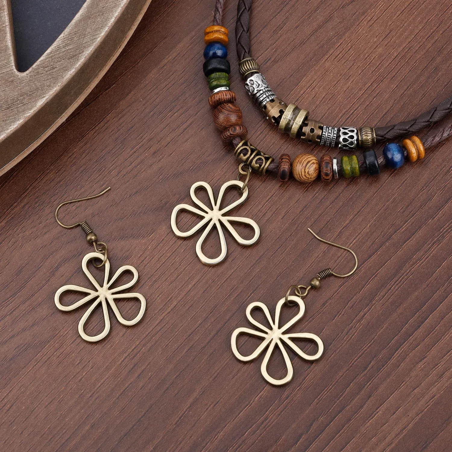 Mikovivi Collana Perline di Legno a Strati con Orecchini a Forma di Fiore Cavo, Collane Boho Hippie Gioielli Bohémien Unisex per Uomo e Donna - immagine 3