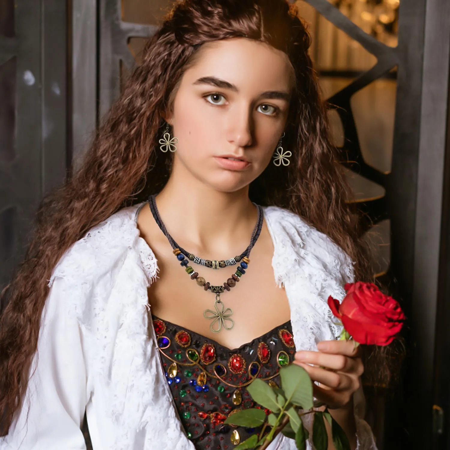 Mikovivi Collana Perline di Legno a Strati con Orecchini a Forma di Fiore Cavo, Collane Boho Hippie Gioielli Bohémien Unisex per Uomo e Donna - immagine 6
