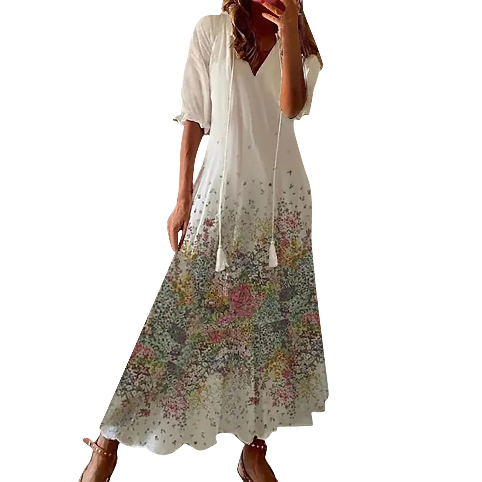 Generico Vestito Donna Estivo Lino,Abito Estivo Donna Curvy Casual Scollo a V Manica Corta Abiti con CinturaBoemia Vacanza Spiaggia Vestito Estivo Casual - immagine 1
