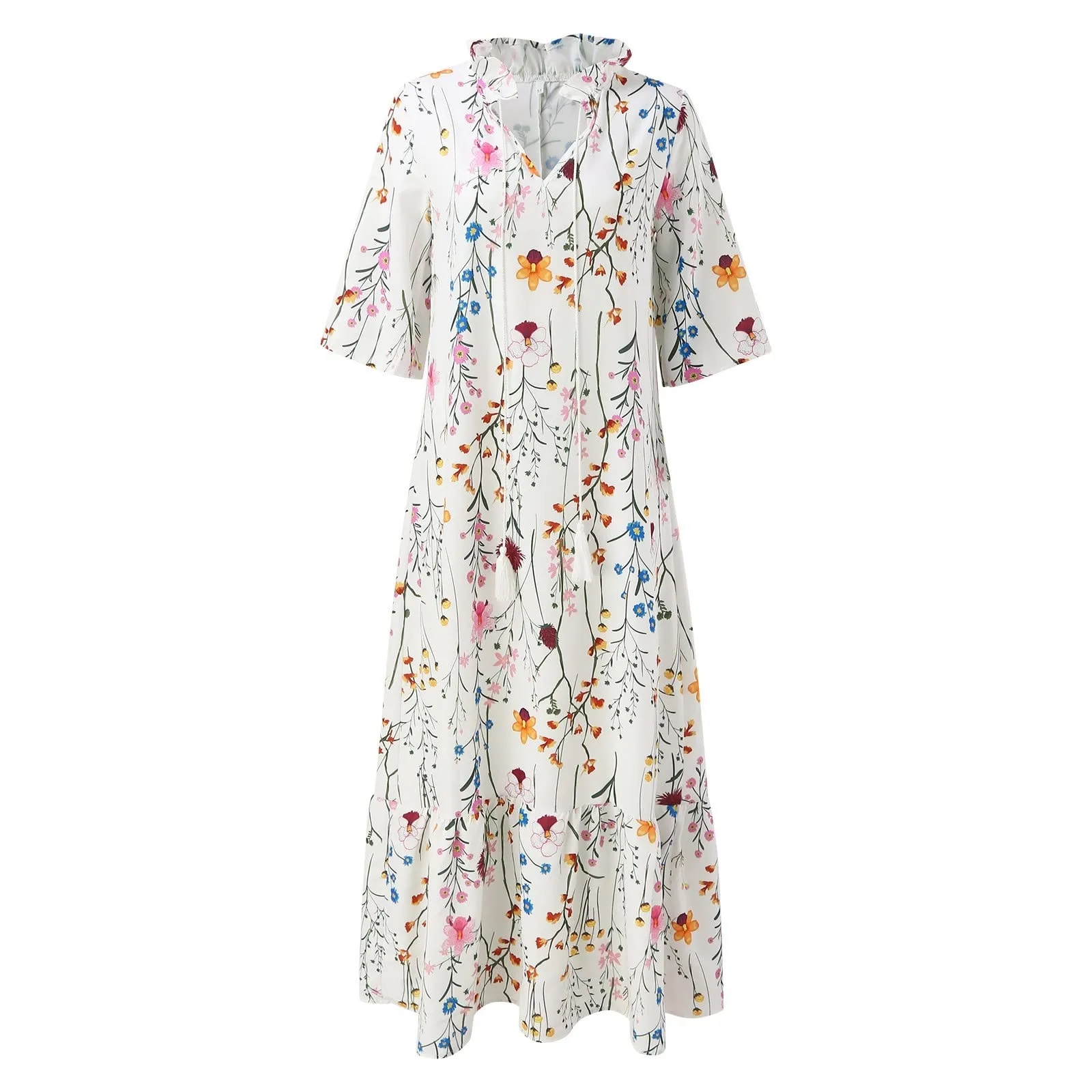 Generico Vestiti Donna Estivi Cotone,Abito Lungo Donna Elegante Curvy Sexy Scollo a V Manica Corta Vestito Elegante con Volant Orlo Abito Lungo Maxi per Estivi Vacanza Vestito Lungo - immagine 3