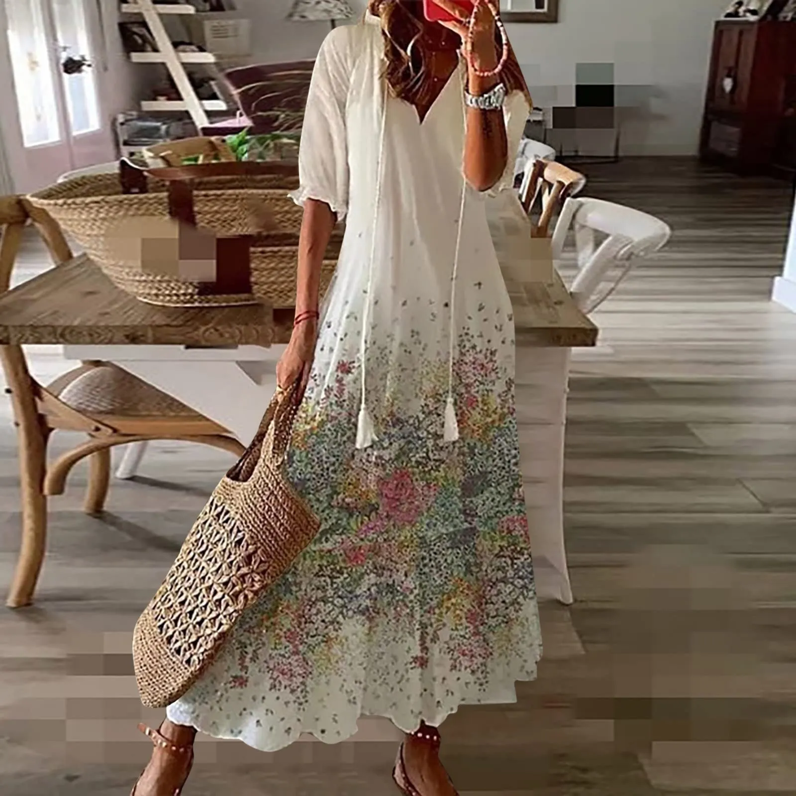 Generico Vestito Donna Estivo da Spiaggia,Abiti Donna Curvy Elegante Estivo Manica Corta Vestito Lungo Vita Alta Spiaggia Casual Abiti Estivi - immagine 3