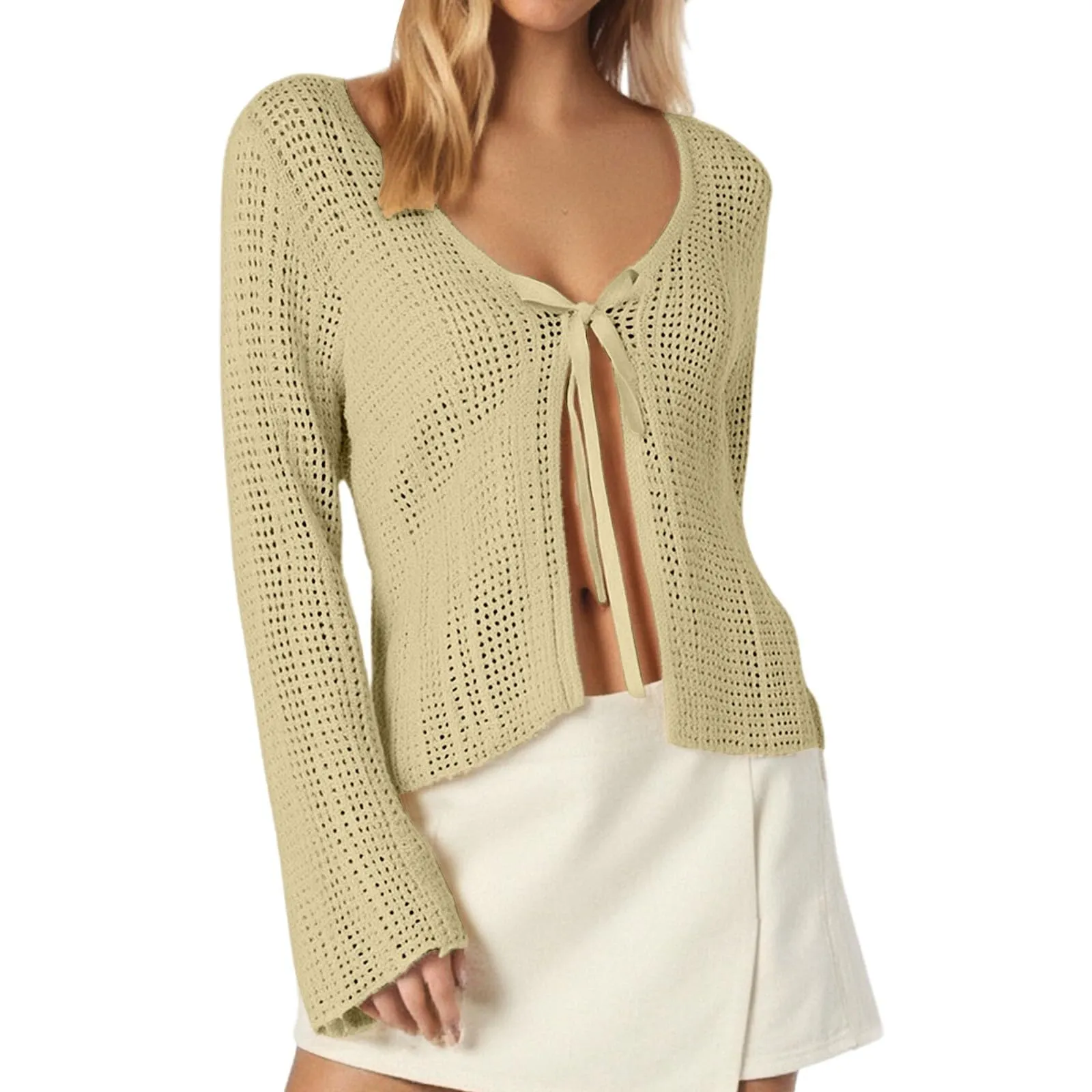 Vhersily Cardigan da donna leggero all'uncinetto con nodo anteriore coprispalle lavorato a maglia crop top, a Maniche Lunghe con Scollo a V Top per la Primavera, L'Estate e L'autunno - immagine 1