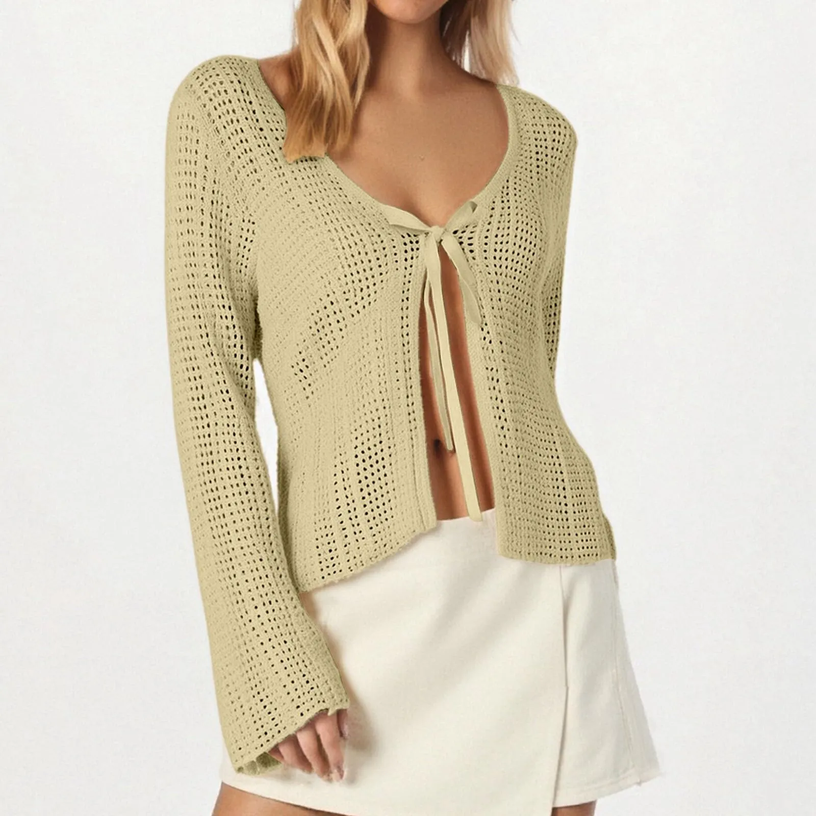 Vhersily Cardigan da donna leggero all'uncinetto con nodo anteriore coprispalle lavorato a maglia crop top, a Maniche Lunghe con Scollo a V Top per la Primavera, L'Estate e L'autunno - immagine 2