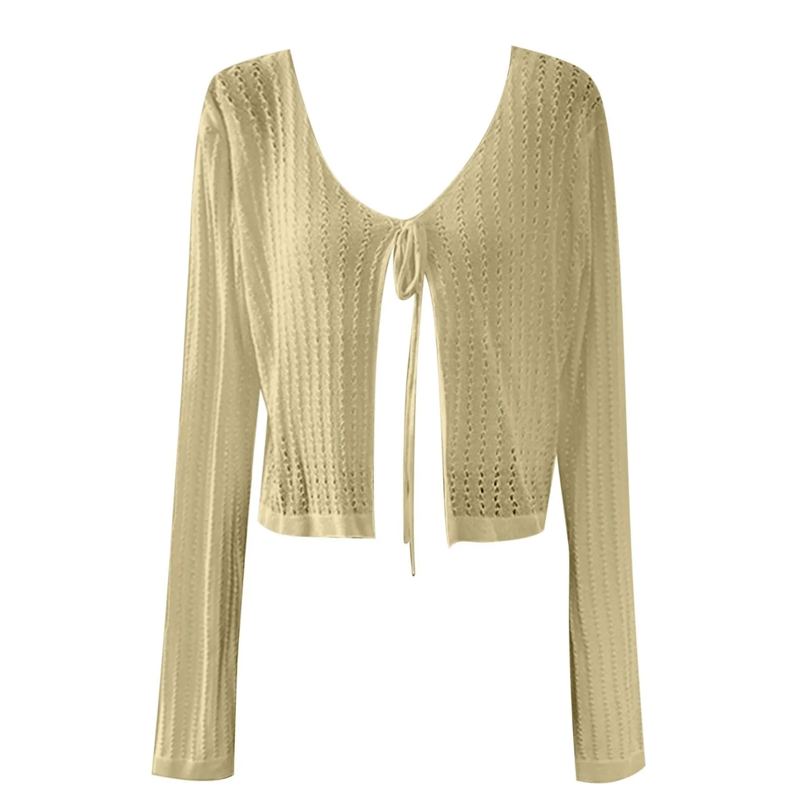 Vhersily Cardigan da donna leggero all'uncinetto con nodo anteriore coprispalle lavorato a maglia crop top, a Maniche Lunghe con Scollo a V Top per la Primavera, L'Estate e L'autunno - immagine 4