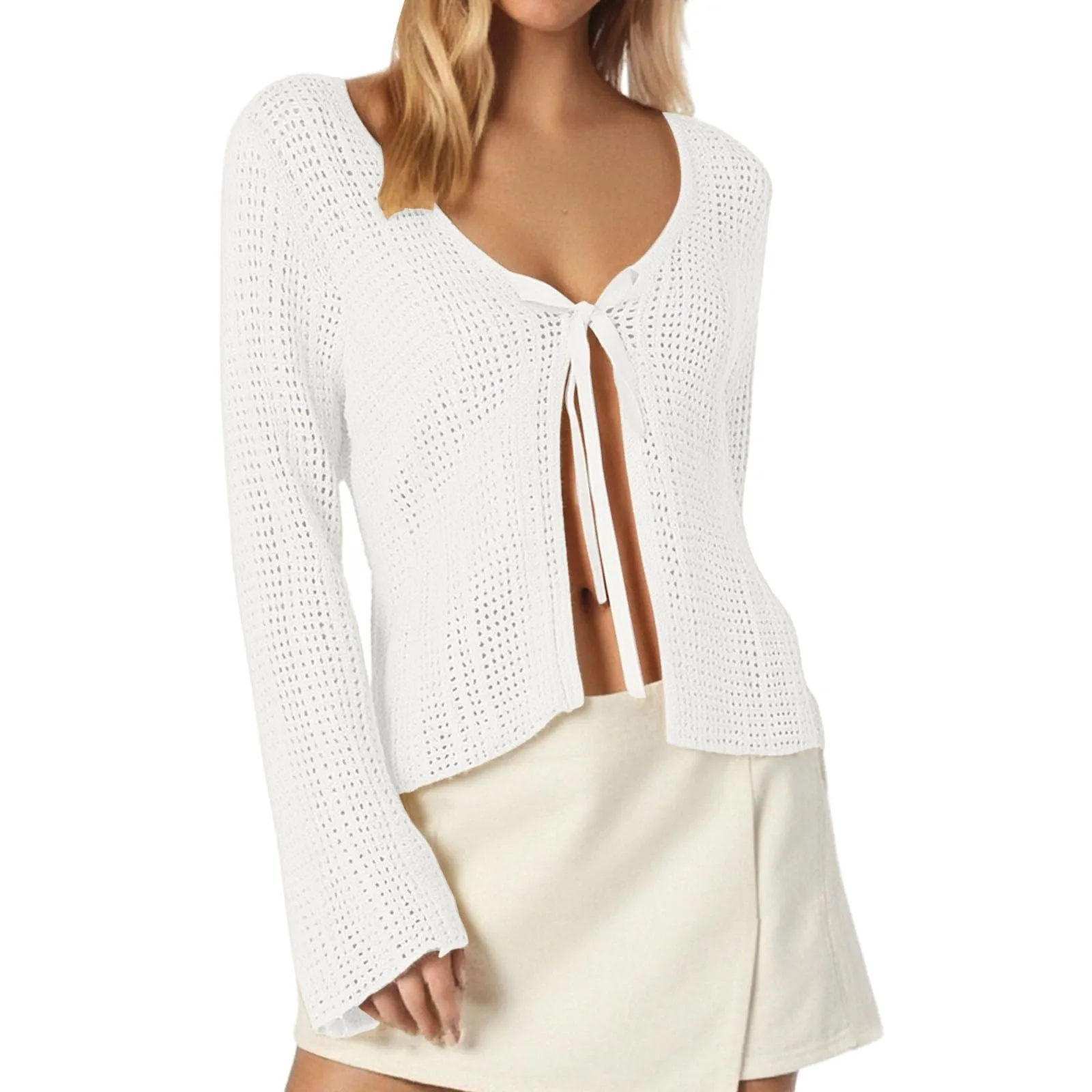 Vhersily Cardigan da donna leggero all'uncinetto con nodo anteriore coprispalle lavorato a maglia crop top, a Maniche Lunghe con Scollo a V Top per la Primavera, L'Estate e L'autunno - immagine 1