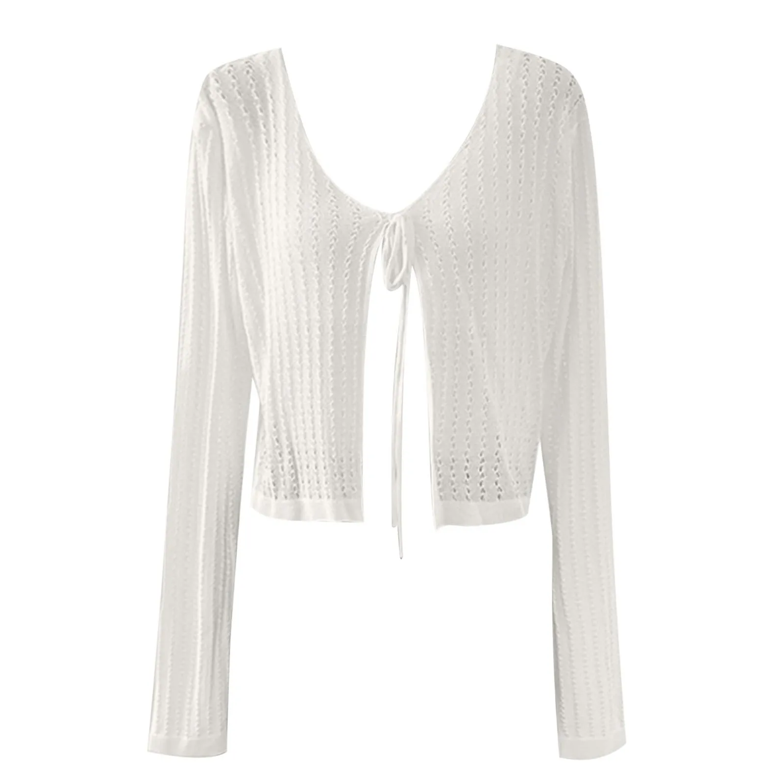 Vhersily Cardigan da donna leggero all'uncinetto con nodo anteriore coprispalle lavorato a maglia crop top, a Maniche Lunghe con Scollo a V Top per la Primavera, L'Estate e L'autunno - immagine 4