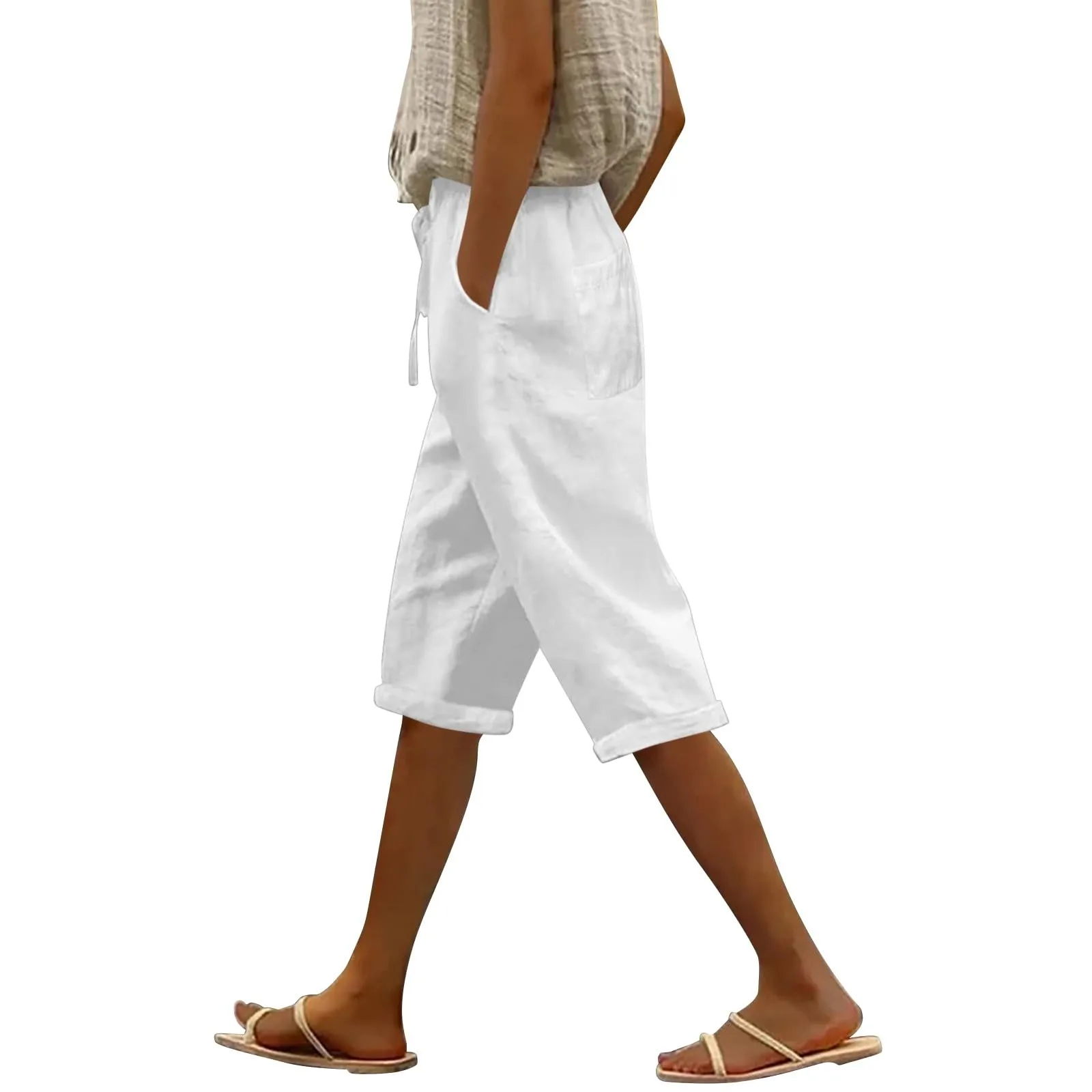 Pantaloni Pinocchietto Lino Donna Bermuda Sportivi Casual Da Donna Pinocchietti Capri Estivi Leggeri Pantaloni 3/4 Di Cotone Baggy Pantalone Al Ginocchio a Gamba Larga Pants Eleganti Traspiranti - immagine 1