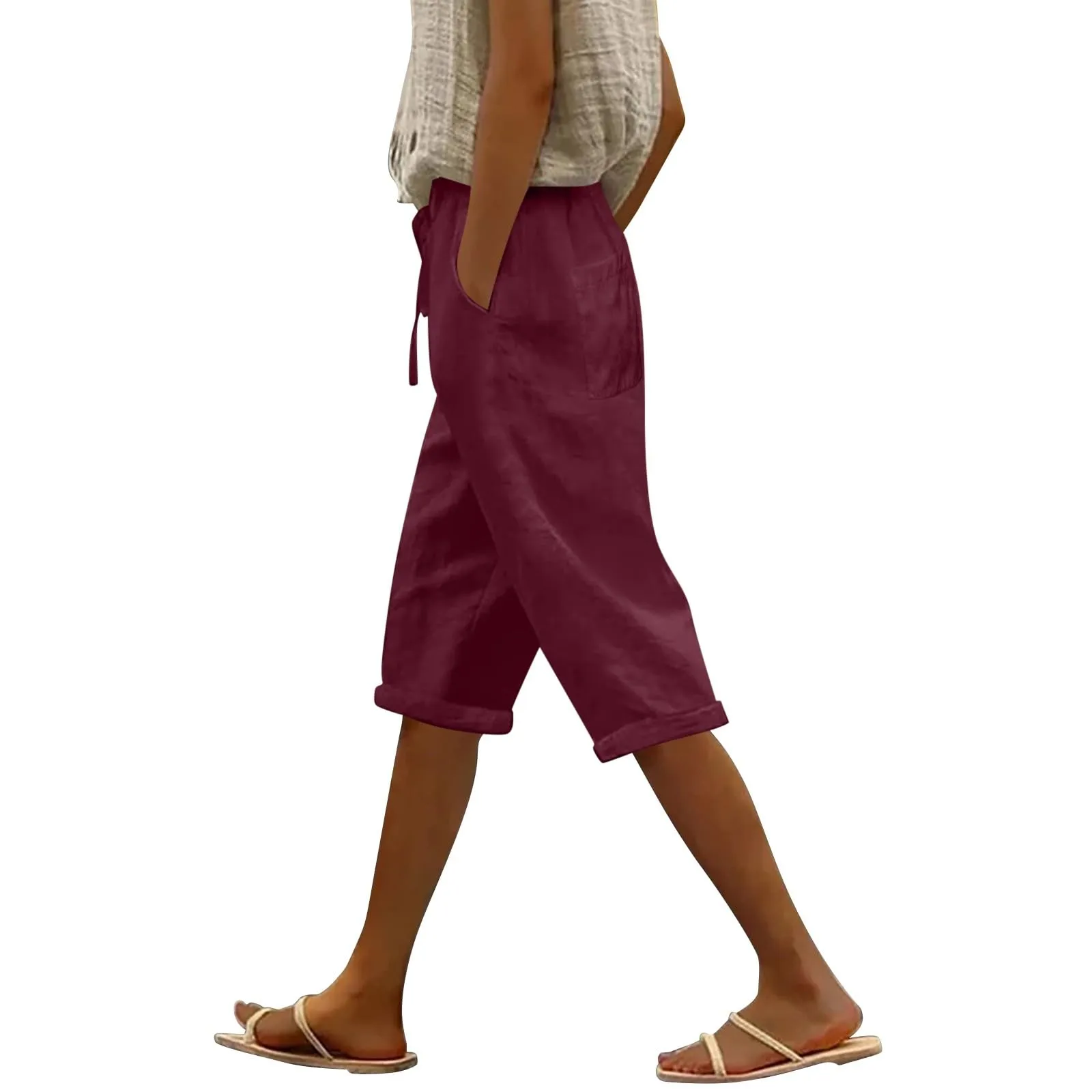 Pantaloni Pinocchietto Lino Donna Bermuda Sportivi Casual Da Donna Pinocchietti Capri Estivi Leggeri Pantaloni 3/4 Di Cotone Baggy Pantalone Al Ginocchio a Gamba Larga Pants Eleganti Traspiranti - immagine 1