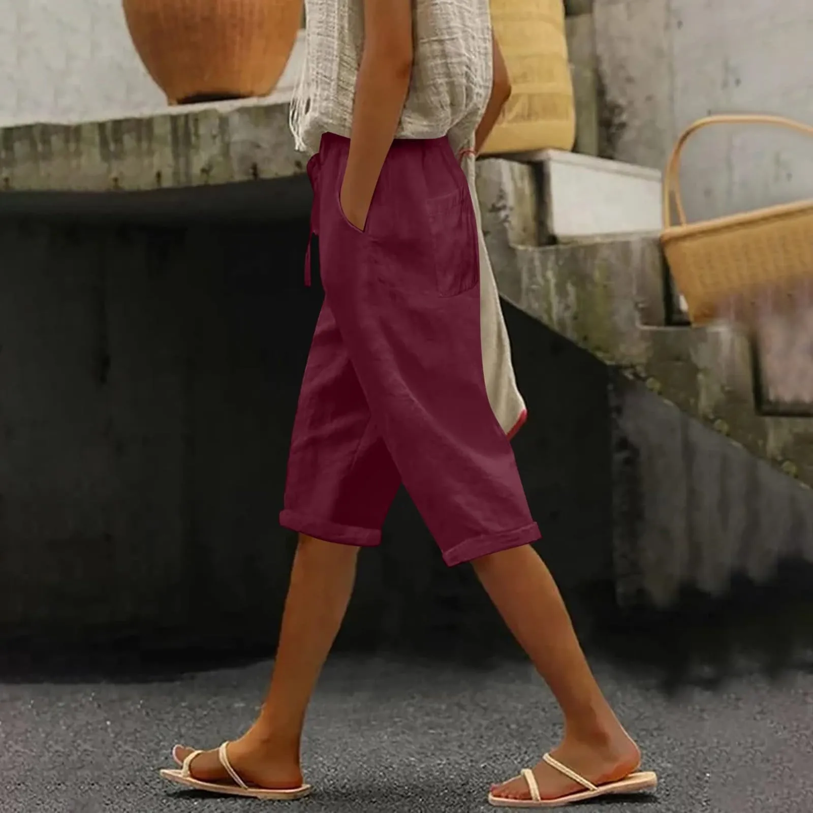 Pantaloni Pinocchietto Lino Donna Bermuda Sportivi Casual Da Donna Pinocchietti Capri Estivi Leggeri Pantaloni 3/4 Di Cotone Baggy Pantalone Al Ginocchio a Gamba Larga Pants Eleganti Traspiranti - immagine 3