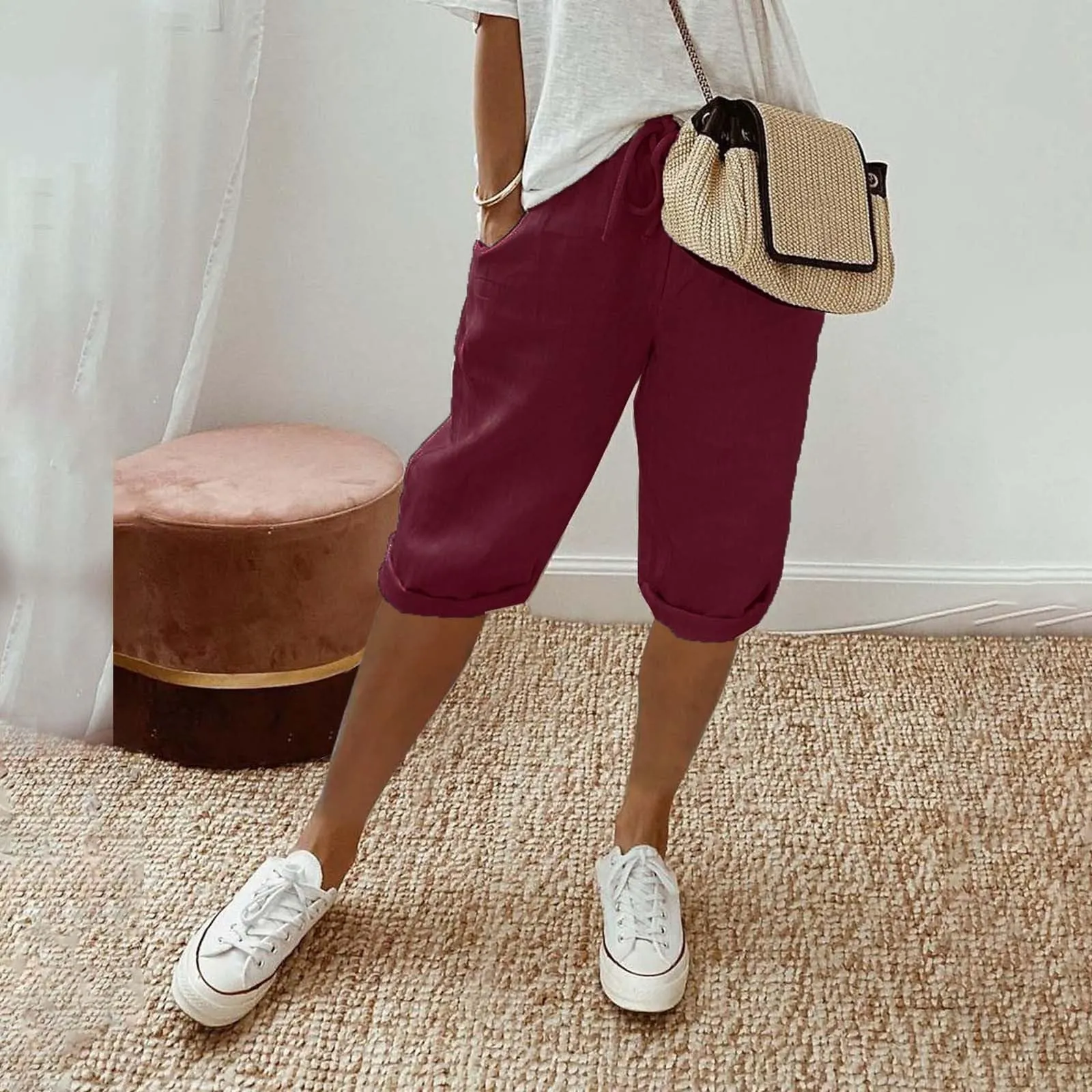 Pantaloni Pinocchietto Lino Donna Bermuda Sportivi Casual Da Donna Pinocchietti Capri Estivi Leggeri Pantaloni 3/4 Di Cotone Baggy Pantalone Al Ginocchio a Gamba Larga Pants Eleganti Traspiranti - immagine 4