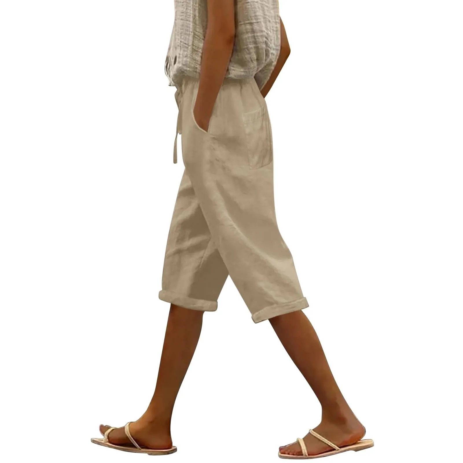 Pantaloni Pinocchietto Lino Donna Bermuda Sportivi Casual Da Donna Pinocchietti Capri Estivi Leggeri Pantaloni 3/4 Di Cotone Baggy Pantalone Al Ginocchio a Gamba Larga Pants Eleganti Traspiranti - immagine 1