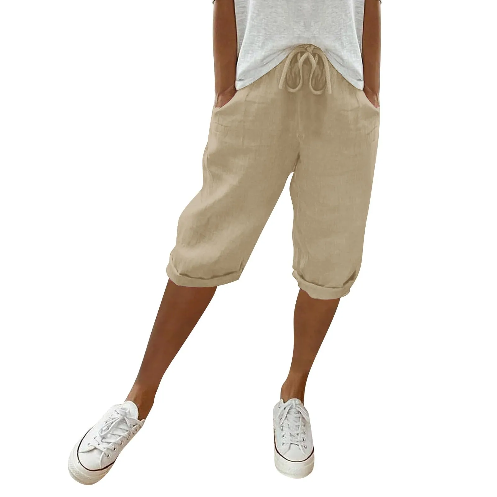 Pantaloni Pinocchietto Lino Donna Bermuda Sportivi Casual Da Donna Pinocchietti Capri Estivi Leggeri Pantaloni 3/4 Di Cotone Baggy Pantalone Al Ginocchio a Gamba Larga Pants Eleganti Traspiranti - immagine 2